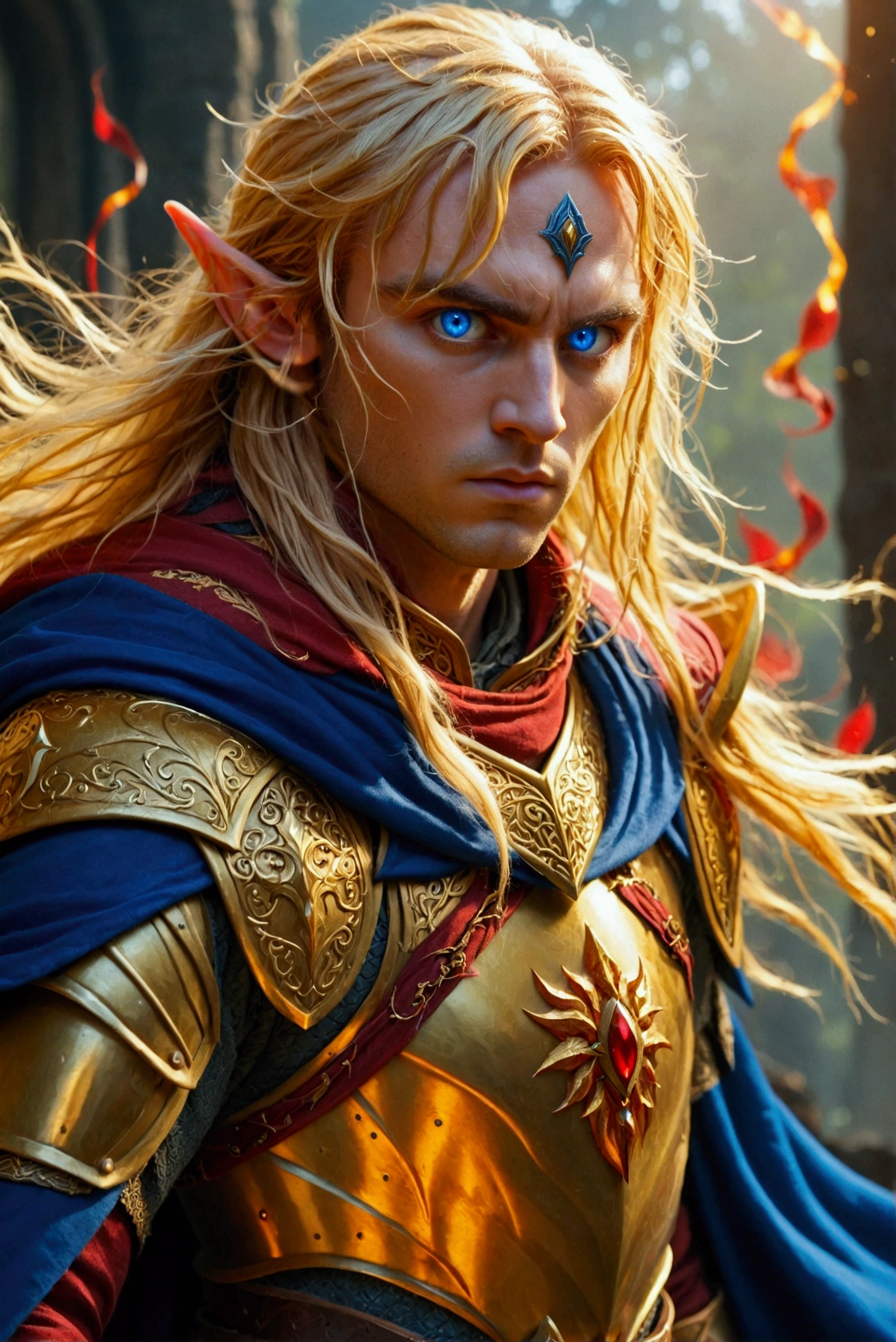 Elf Warrior,  messy long golden hair, dark blue eye , Armadura preta, Blue cloak, Serious expression,  golden-red aura 