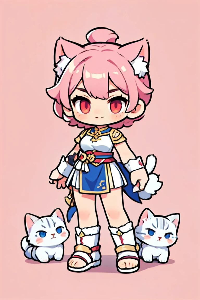 Costume color white,  short hair , cat ears ,  Cute Female Warrior Style  ,  European RPG Warriors  ,  Greek Style Outfits  , Natural background.  pink hair ,  red eyes, A kind expression, smile