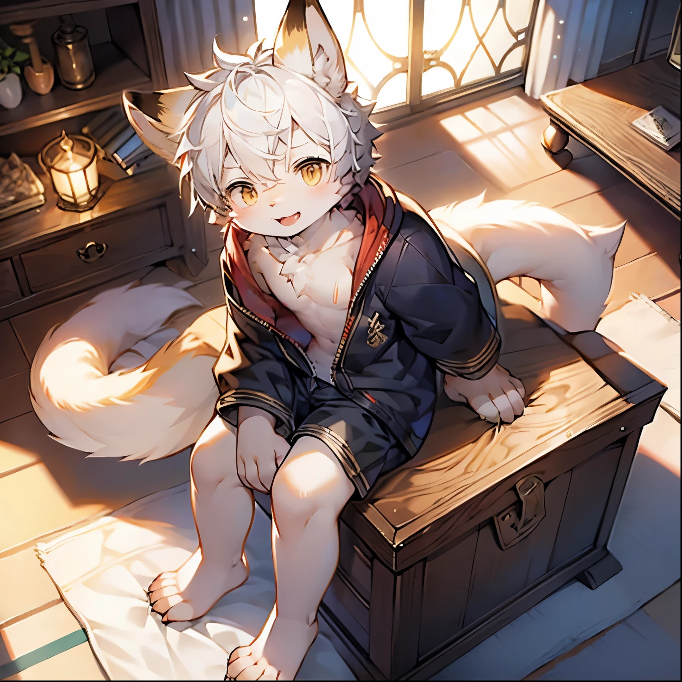 Fox Boy，Furry boys，In and chilracteristics，White hair，Yellow skin，White Arm，Glasses，Short sleeve，Short sleeve，shorts，Medieval town background