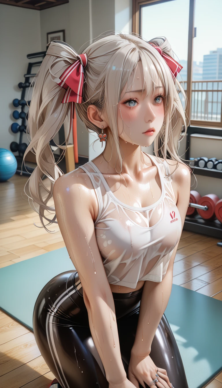 creamy long pale hair，double twin tails、(sweaty skin)、 (highest quality, 8K, 32K, masterpiece, UHD:1.2)、wet clothes、((see-through))、blush,((((sweat)))),((from adove)),(latex tank top),short leggings,fitness,training、ring earrings、big Thighs、big hip、steam、(((yoga)))、(((yoga pose)))、dynamic pose