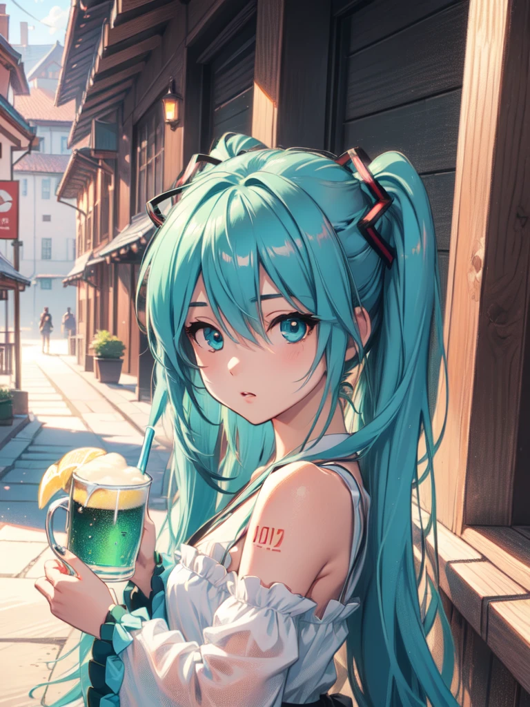 Drinking beer from a beer mug,

hatsunemiku, miku hatsune, ahoge, aqua eyes, aqua hair, crossed bangs, hair between eyes, hair ornament, long hair, twintails,
BREAK (masterpiece:1.2), best quality, high resolution, unity 8k wallpaper, (illustration:0.8), (beautiful detailed eyes:1.6), extremely detailed face, perfect lighting, extremely detailed CG, (perfect hands, perfect anatomy),