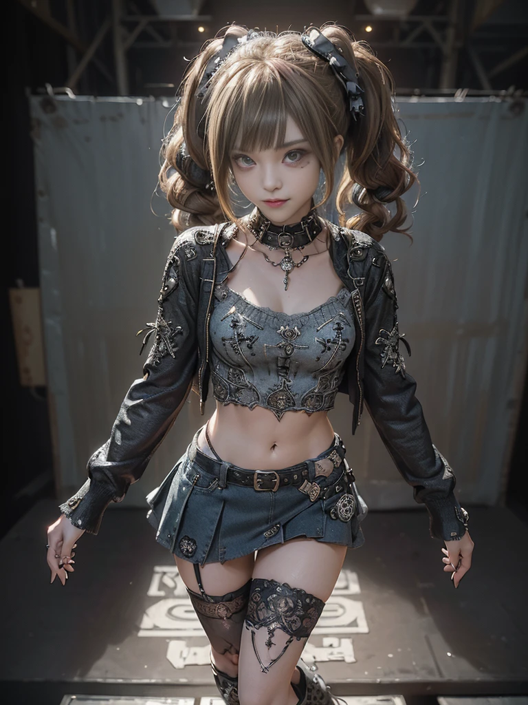 (Smiling with teeth showing:1.3),(Hollywood actress:1.5)、(Gothic Lolita style fashion:1.5)、(Punk RockVisual Kei:1.5)、(Wearing a sweater with intricate decoration:1.4)、(A mini skirt with delicate white, denim and charcoal embellishments.:1.5)、(Denim, light blue and leopard print boots:1.3)、((belt))、(Numerous intricate patterns all over the costume:1.4)、(collar:1.3)、(Leopard print underwear:1.5)、20-year-old、NSFW、((Highest quality、In 8K、masterpiece:1.3))、Sharp focus:1.2、(Layered Cut、Huge boobs:1.1),Beautiful woman with perfect figure:1.4、(Dancing vigorously:1.3)、Slender Abs:1.2、Highly detailed face and skin texture、Detailed eyes、double eyelid,(Twin tails:1.3)、(Brown-golden hair:1.3)、Gravure idol、(The background is the stage of the fashion show:1.3)、(Slim body:1.3),(Make your legs thinner:1.4),(clavicle:1.1)
