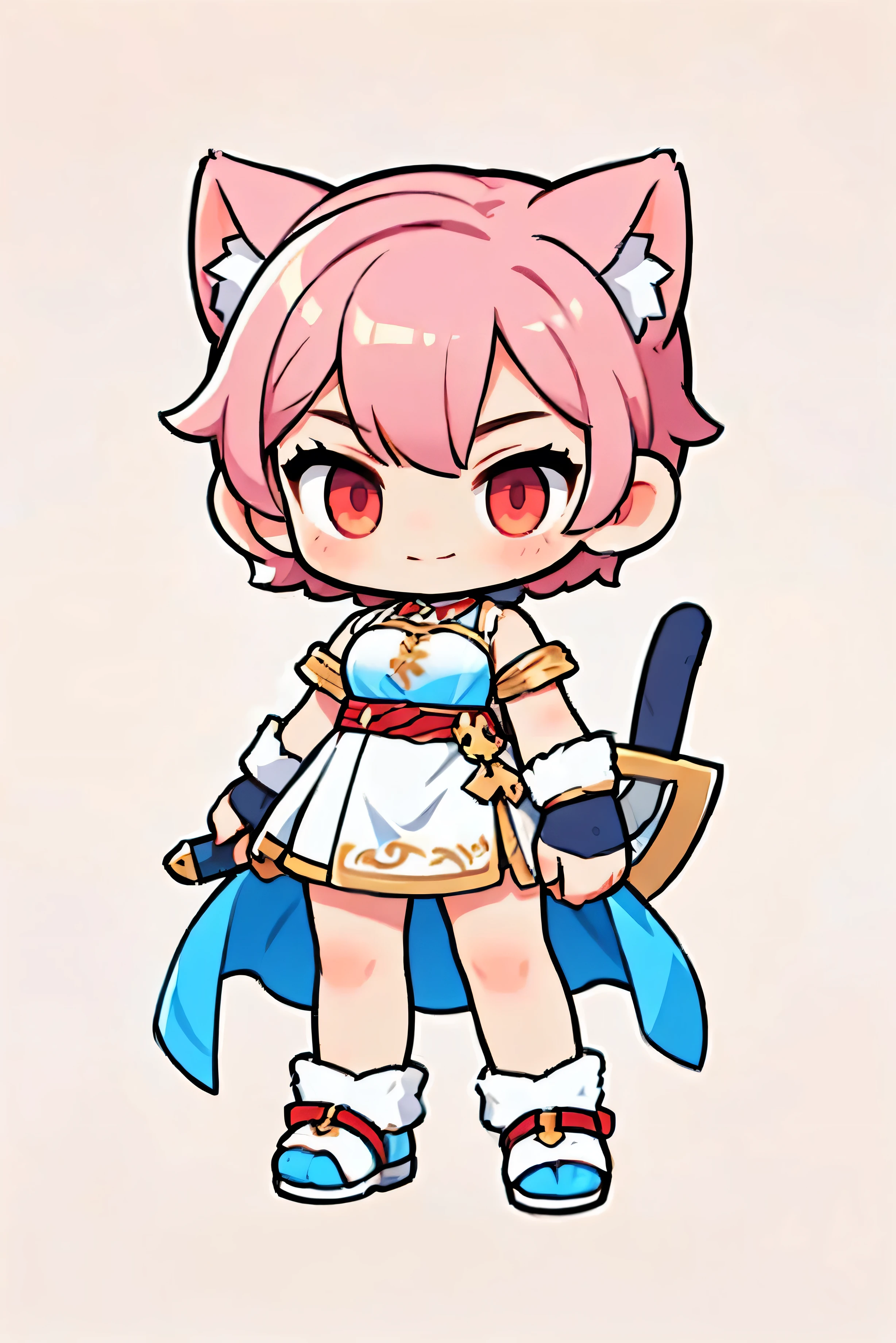 Costume color white,  short hair , cat ears ,  Cute Female Warrior Style  ,  European RPG Warriors  ,  Greek Style Outfits  , Natural background.  pink hair ,  red eyes, A kind expression, smile