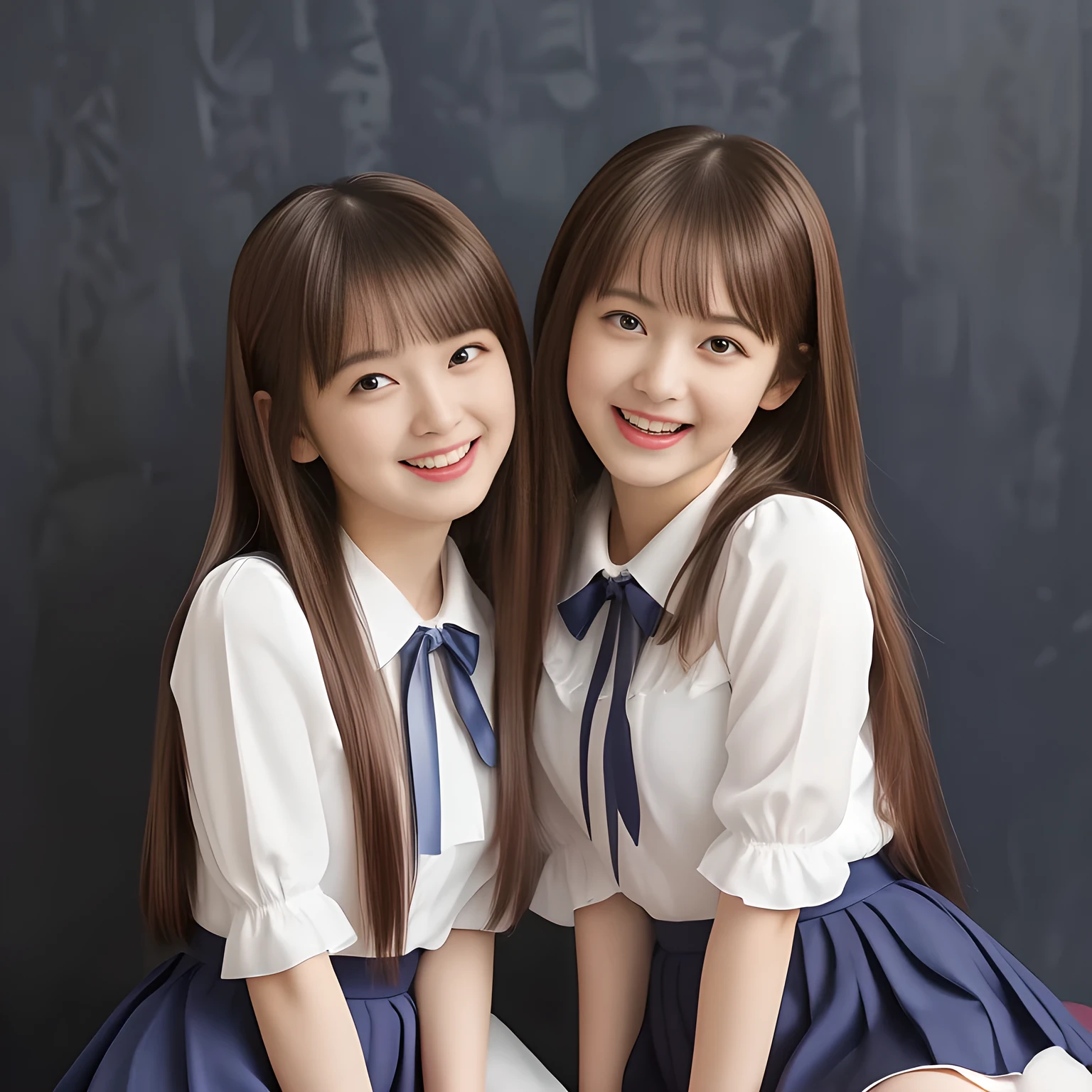 (Highest quality, masterpiece:1.2), Highest quality, High resolution, 1080P, 8k, height: 158cm, (Two yo Japanese beautiful girl idols are seated and giving subliminal invitation and temptation, cute skirt with beautiful knees, looking at the viewer, can't stop showing cute smile open mouth because of feeling too funny about the viewer, very white-white face, very proud of her long straight black hair, using face-whitening cosmetics, 13 girl's eyes, opened laughing giggling most open mouth, too expensive luxurious glossy too-much-girly erotic frilled ivory silk blouse, polyester dark-navy school-skirt and bewitching ribbon on the breast, well-straitened super-super-long well-trimmed long hair, evenly neatly trimmed girly cute bangs: 1.5), (white thighs and knees: 1.7), (Well-balanced, impressive, lovely, drooping, double-eyelids, black shining large prominent eyes of 13yodol with detailed: 1.5), ((Beautiful well-figured glossy opened laughing lips: 1.2)), (mature breast), (The viewer can't stop madly kissing them because of her beauty and subliminal strong invitation), (Very beautiful, super-glossy, cute neat black amazingly long hair, straight well-done long hair-style: 1.3), (plain blue background: 1.6), (Best style like a 14yo fhion model, mature breast), (((Completely balanced beautiful big big eyes, looking at me))), (eyes, face and hair are especially beautifully detailed and beautifully drawn: 1.5),  (The soft white light clearly shows her face extremely white: 1.2), (Feel too luxurious and expensive), (School uniform, too-cute slender 13yo super-long-hair Japanese beautiful-young-girl idol twins are laughing and licking the other's hand each other with super-wide open open laughing mouth like eating the viewer, everything is girly, neat and too beautiful: 1.6), (Super long hair 13yo super-cute idol of pure idol magazine's cover in 2003 in Japan: 2.1)