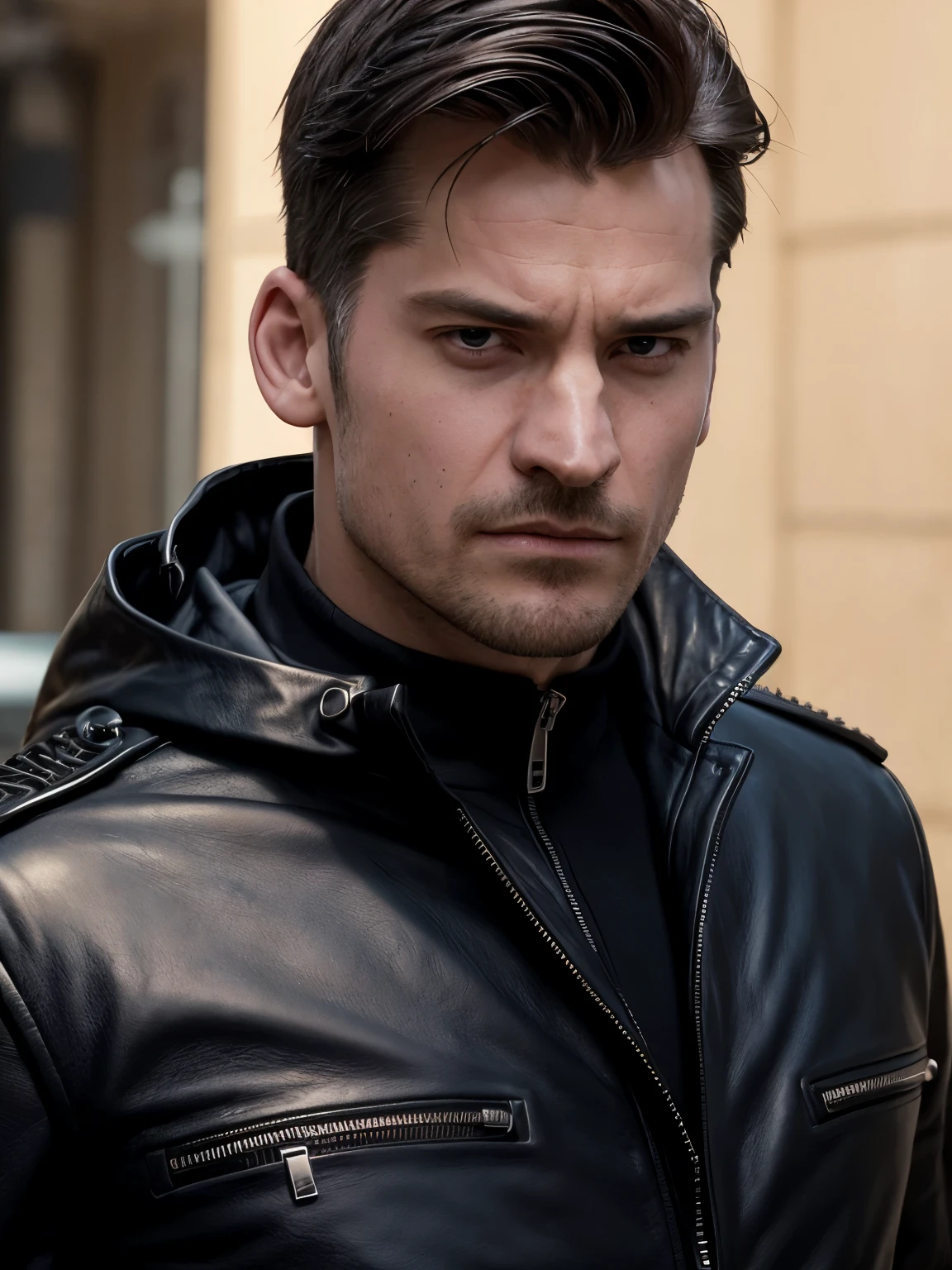 (face SteveR01) Handsome guy with black hair, detailed ultra-realistic rendering, blurred background, wearing a dark black leather jacket, with the whole body visible, thin hair, pompadour hair, man standing seen from the front, tall and strong man. wide chin and defined jaw. 30 year old man with angry and serious expression.