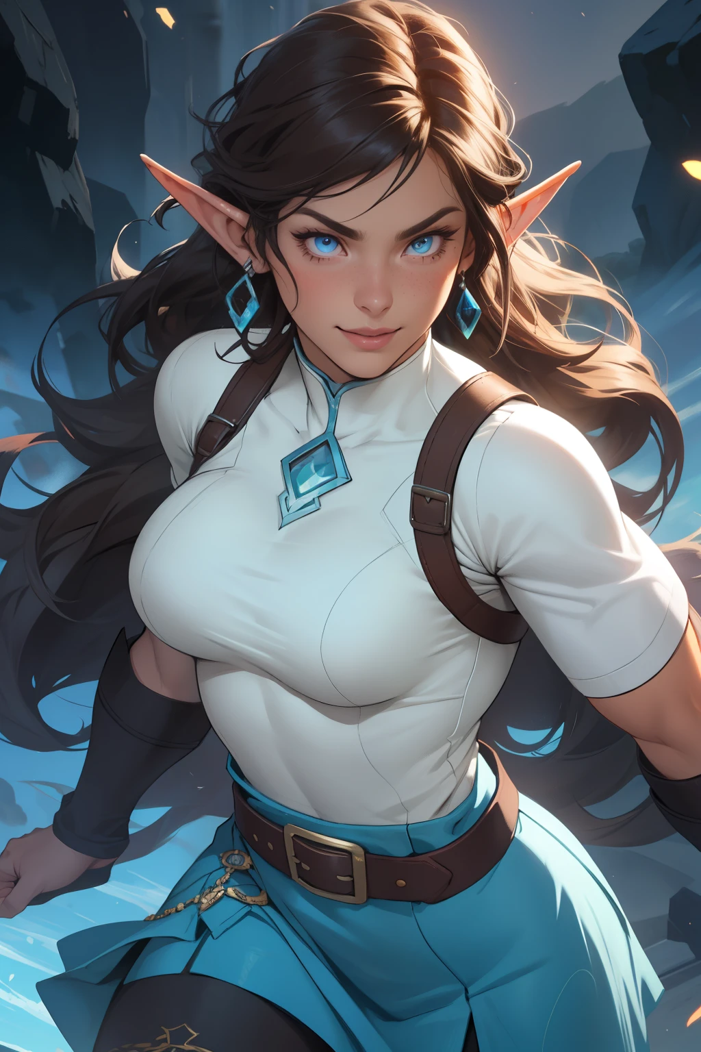 Korra da avatar,(best quality, 4K,8k,high resolution,work of art:1.2)(weather: showing), tundra background, artic village, wide hips, long curly hair, brown hair, freckles, sleeveless crop top, fur belt, bodycon winter skirt, leggings, winter boots, elbow long gloves, light makeup, dark eyeliner, blush, flirting pose, earrings, glowing eyes, ultra detailed, portrait, realistic, beautiful detailed blue eyes, beautiful detailed lips, extremely detailed eye and face, long eyelashes,average, large breasts, flying hair, beaming smile, sexy smile, powerful girl, bright coloured, dramatic lighting, blue flames, elf girl, elf ears woman fighting, strong, wearing a sword , warrior, hair in the wind, big boobs,