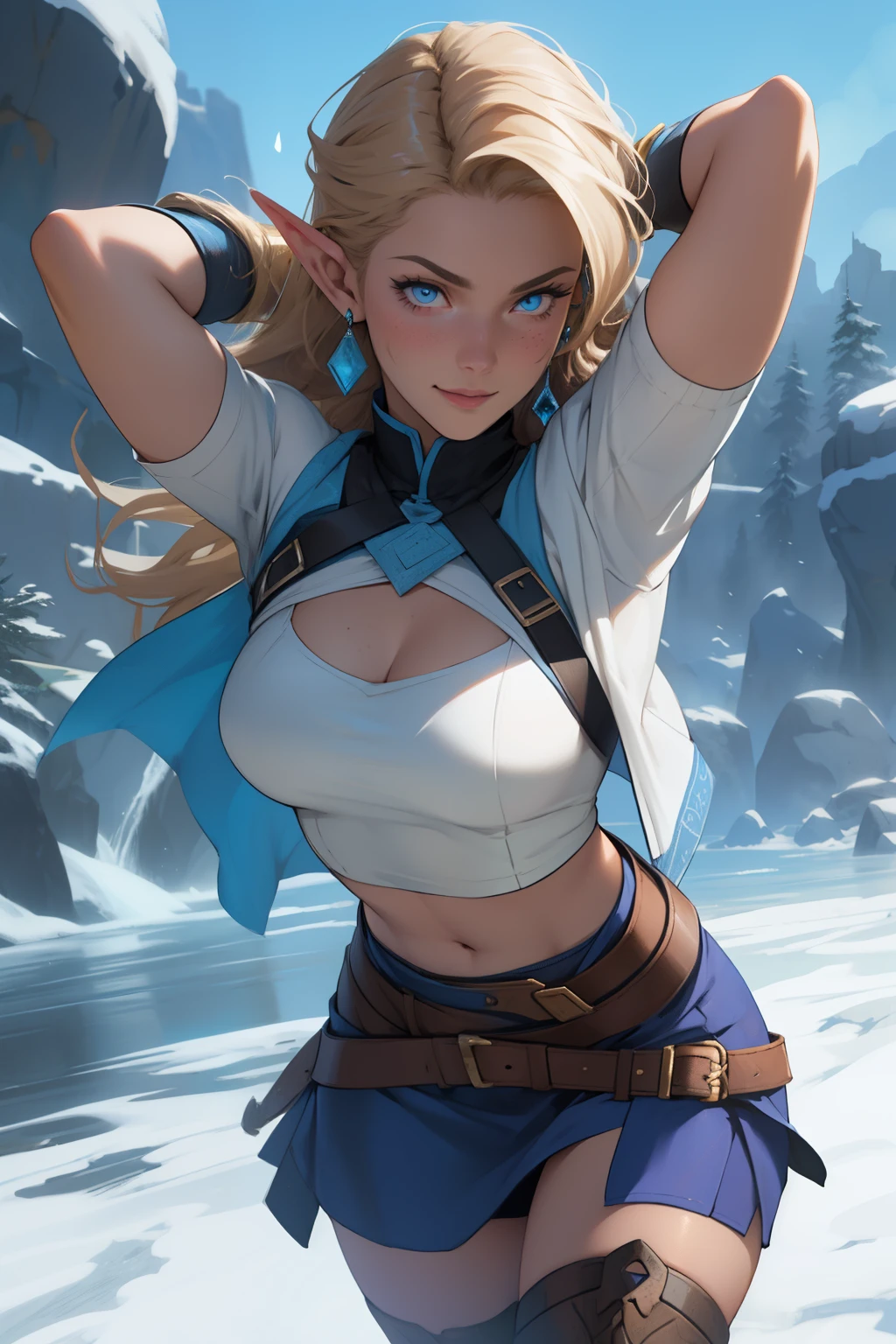 Korra da avatar,(best quality, 4K,8k,high resolution,work of art:1.2)(weather: showing), tundra background, artic village, wide hips, long curly hair, brown hair, freckles, sleeveless crop top, fur belt, bodycon winter skirt, leggings, winter boots, elbow long gloves, light makeup, dark eyeliner, blush, flirting pose, earrings, glowing eyes, ultra detailed, portrait, realistic, beautiful detailed blue eyes, beautiful detailed lips, extremely detailed eye and face, long eyelashes,average, large breasts, flying hair, beaming smile, sexy smile, powerful girl, bright coloured, dramatic lighting, blue flames, elf girl, elf ears woman fighting, strong, wearing a sword , warrior, hair in the wind, big boobs,