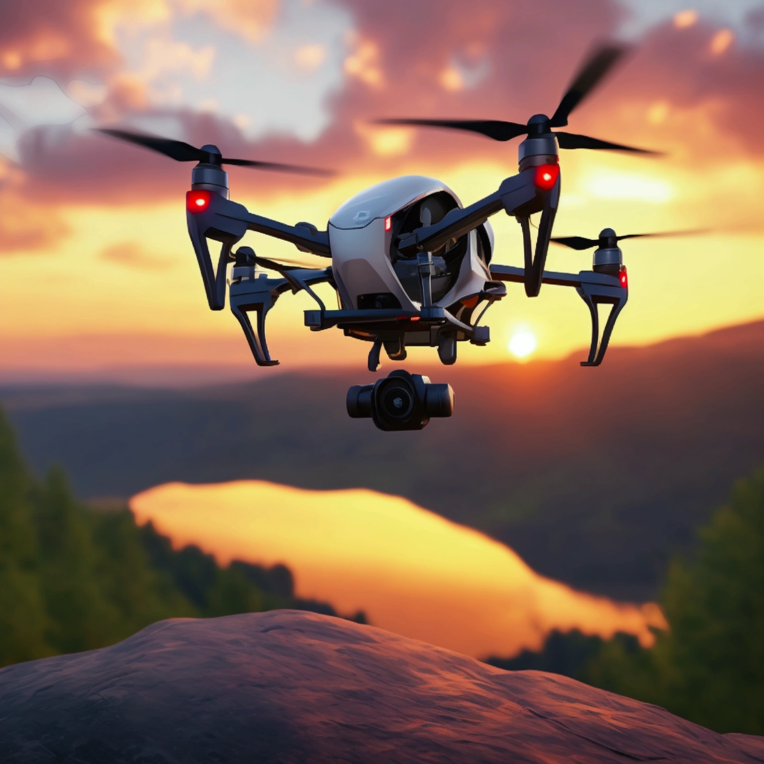 "A sleek and modern Quadcopter S116 UAV drone flying over a scenic landscape at sunset, showcasing its four propellers and aerodynamic design. The drone is equipped with a high-definition camera on the front, capturing breathtaking aerial views. The image highlights the drone's agility and stability in the air, with a detailed view of the camera lens and the propeller blades in motion. In the background, there are rolling hills, a tranquil lake, and a vibrant sky with warm colors blending into the horizon, emphasizing the drone's capability for capturing stunning outdoor footage."