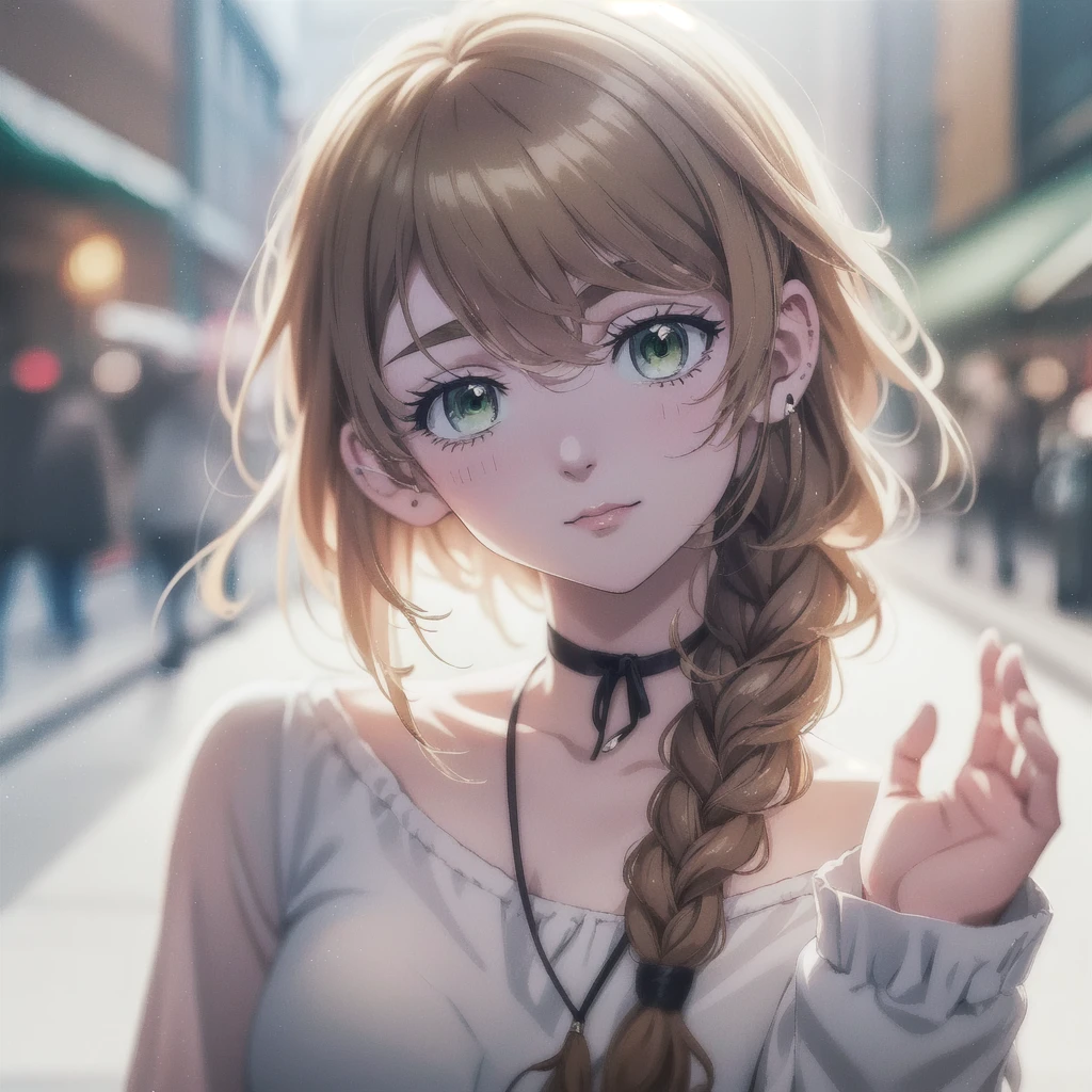 Cute girl with green eyes and a braid on her hair inspired on Emma Sano