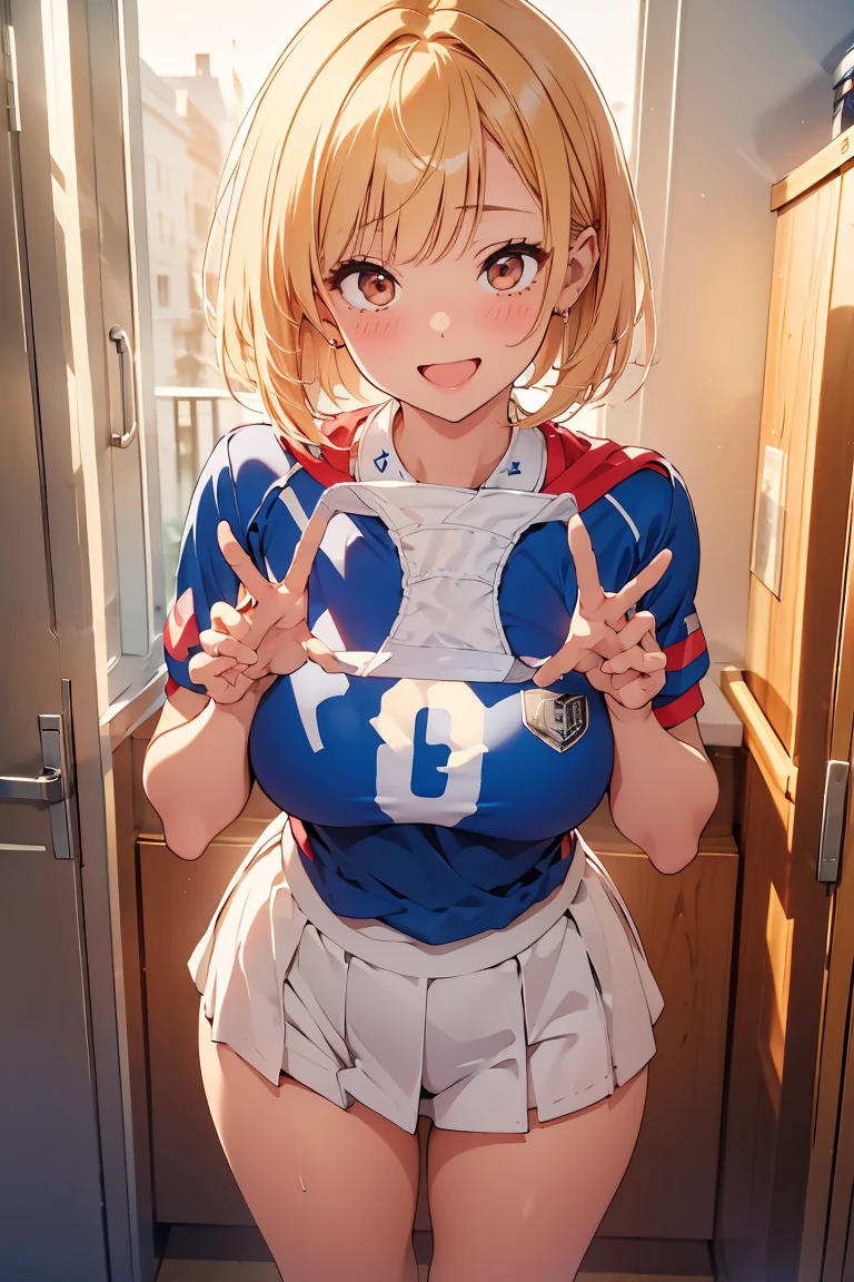 1girl,
indoor, lockerroom,
short bob hair, blonde hair, BREAK,
volleyball uniform,
Looking down,Look at the viewer,from a ,From below,low angle shot,{{{from below:2.0}}},
Presenting Panties
masutepiece, Best Quality, , absurderes, Perfect Skin, Detailed skin texture, ultra-detailliert, 8K, Intricate details, beautifull detailed face,hight resolution,
 {{{shaded face}}}, mock, smile big, happy smile, open mouth, looking down at viewer, masterpiece,absurderes, beautiful detailed face,