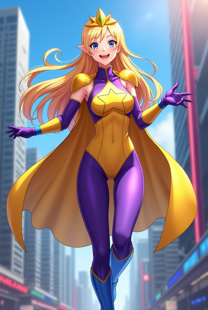 ((best quality)), ((masterpiece)), (detailed), 1 girl, Full body, 1, Smiling face, Blue eyes, Star-shaped tiara, Arms outstretched, Arms behind waist, Blue superhero mask, Blushing, Blonde hair, Straight hair, Long hair, Bangs, Hair ornaments, Star hair ornaments, Full body, Medium breasts, Slim body, Hands with yellow stars, Yellow wristbands, Long purple gloves, Blue gloves, Blue gloves, Yellow shoulder pads, Superhero costume, Superheroes, Yellow leotard suit, With a big yellow star in the center, Star emblem, Somewhat tight, Long yellow cape on waist, Red belt, Purple legs, Purple pantyhose, Long blue boots, Flying, City background, Anime