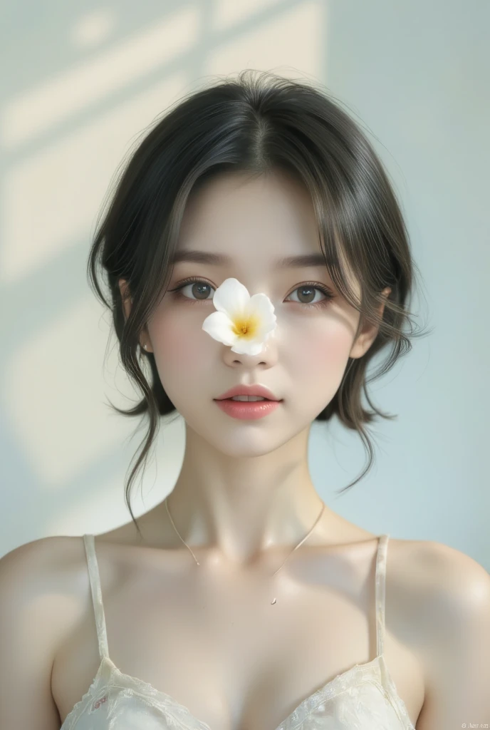  1 girl, Alone,  short hair,  simple background,  brown hair,  black hair, holding,  jewelry, clavicle,  eyes closed , fwhite lower, 片目の前に置かれたWhite Flower, earrings for a woman alone,  open lips, artist name,  necklace , lips,  eyelash , compensate,  Rose, watermark, White background, lipstick,  portrait,  to Viewers ,  white blouse , White Flower, White Theme, Holding flowers, Red lips, white  Rose