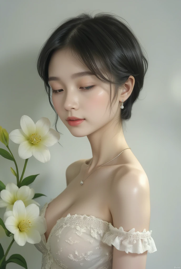  1 girl, Alone,  short hair,  simple background,  brown hair,  black hair, holding,  jewelry, clavicle,  eyes closed , fwhite lower, 片目の前に置かれたWhite Flower, earrings for a woman alone,  open lips, artist name,  necklace , lips,  eyelash , compensate,  Rose, watermark, White background, lipstick,  portrait,  to Viewers ,  white blouse , White Flower, White Theme, Holding flowers, Red lips, white  Rose
