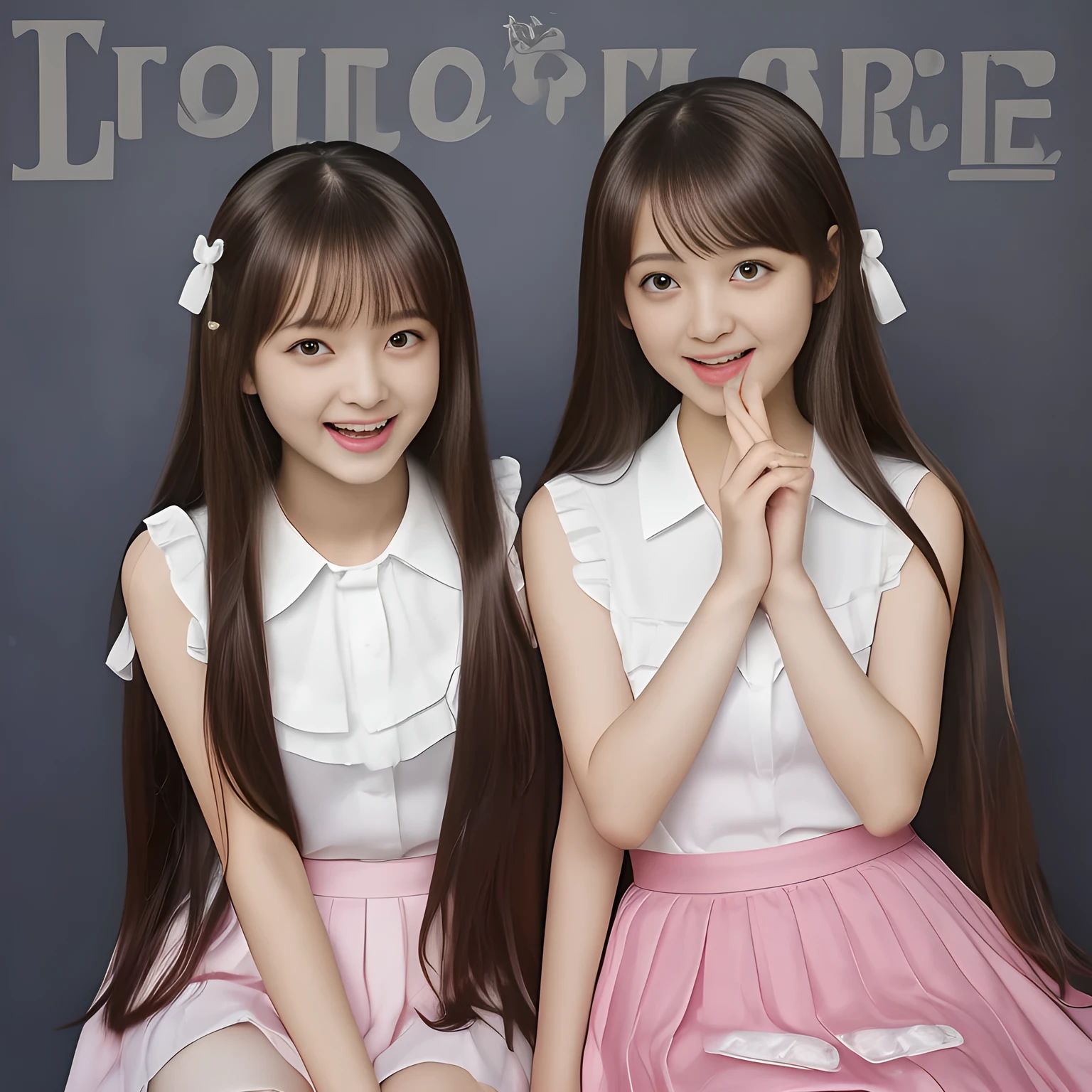 (Highest quality, masterpiece:1.2), Highest quality, High resolution, 1080P, 8k, height: 158cm, (Two 14yo Japanese beautiful girl idols are seated and giving subliminal invitation and temptation, cute skirt with beautiful knees, looking at the viewer, can't stop showing cute smile open mouth because of feeling too funny about the viewer, very white-white face, very proud of her long straight black hair, using face-whitening cosmetics, 14yo girl's eyes, opened laughing giggling most open mouth, too expensive luxurious glossy too-much-girly erotic frilled ivory silk blouse, polyester dark-navy school-skirt and bewitching ribbon on the breast, well-straitened super-super-long well-trimmed long hair, evenly neatly trimmed girly cute bangs: 1.5), (white thighs and knees: 1.7), (Well-balanced, impressive, lovely, drooping, double-eyelids, black shining large prominent eyes of 14yo idol with detailed: 1.5), ((Beautiful well-figured glossy opened laughing lips: 1.2)), (mature breast), (The viewer can't stop madly kissing them because of her beauty and subliminal strong invitation), (Very beautiful, super-glossy, cute neat black amazingly long hair, straight well-done long hair-style: 1.3), (plain blue background: 1.6), (((Completely balanced beautiful big big eyes, looking at me))), (eyes, face and hair are especially beautifully detailed and beautifully drawn: 1.5),  (The soft white light clearly shows her face extremely white: 1.2), (Feel too luxurious and expensive), (School uniform, too-cute slender 14yo super-long-hair Japanese beautiful-young-girl idol twins are laughing and licking the other's hand each other with super-wide open open laughing mouth like eating the viewer, everything is girly, neat and too beautiful: 1.6), (Super long hair 14yo super-cute idol of pure idol magazine's cover in 2003 in Japan: 2.1)