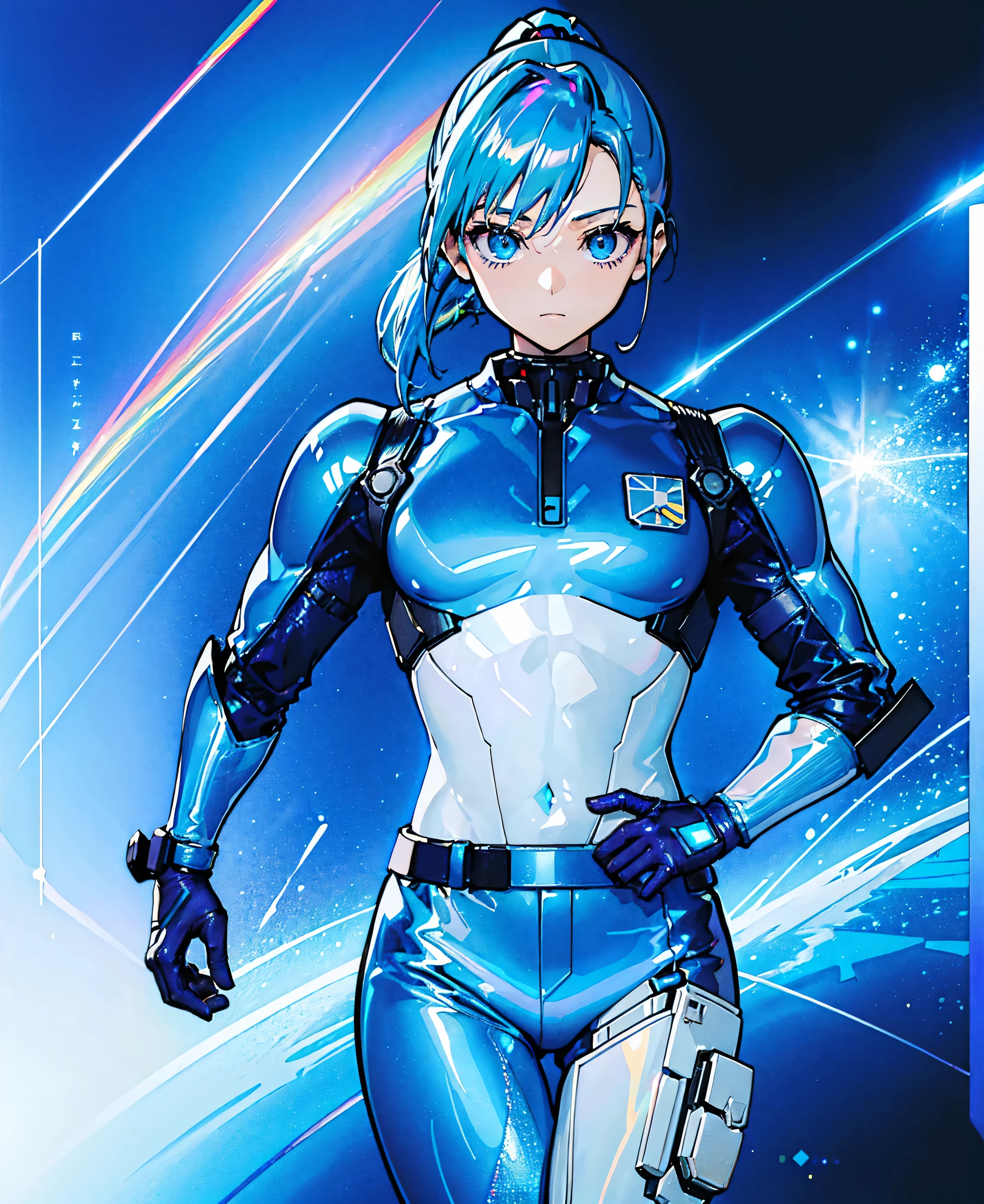 ((Holographic glow effect))、Blue Hair、Masterpiece、 Best Quality、1 person、Medium breast、(( album cover ))、 light on face、 slim body、Blue Costume、Exoskeleton、Metal Gear、 cyberpunk style、 ponytail、Gundam Pilot、attention arousal，Ride a fighter jet 