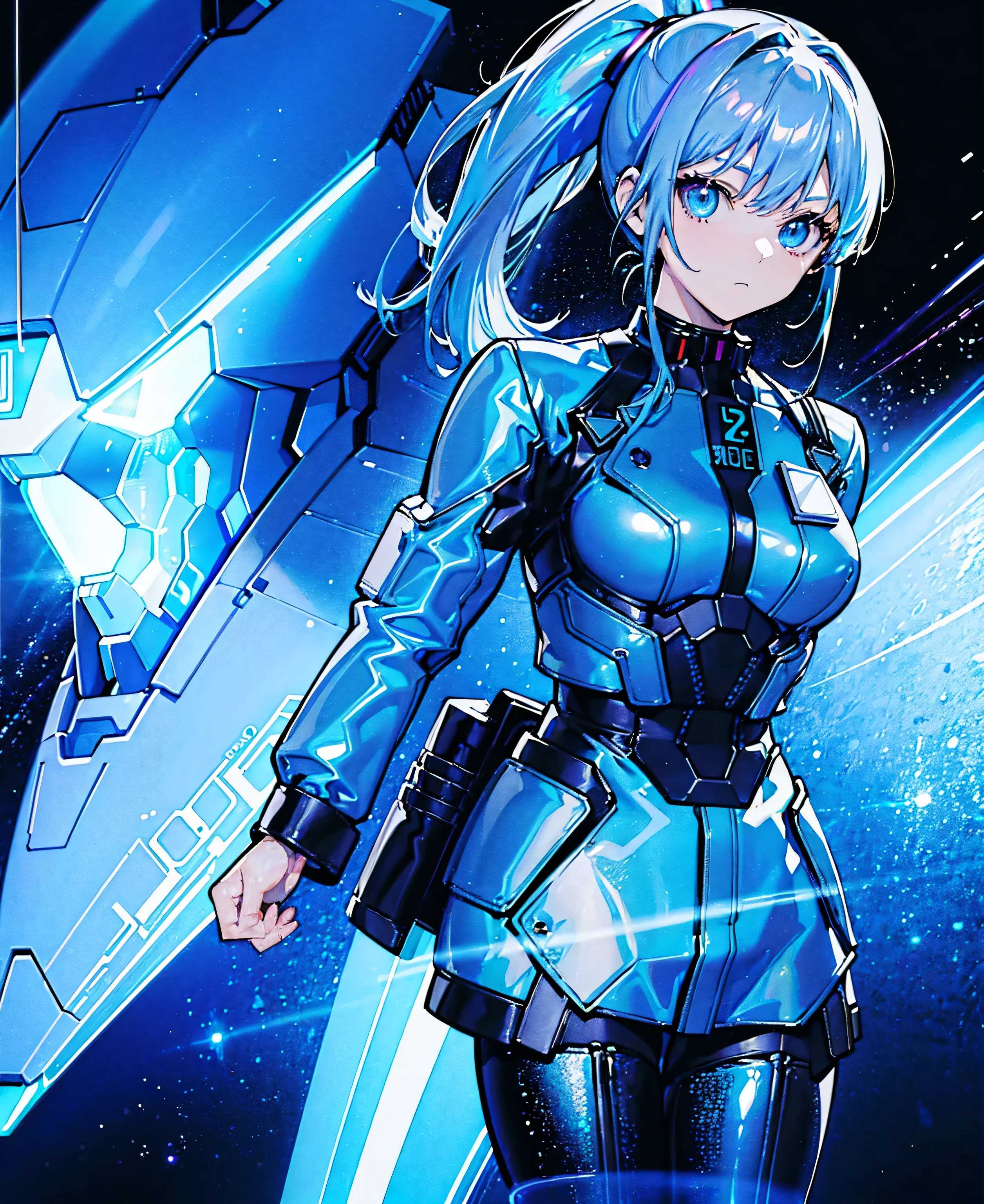 ((Holographic glow effect))、Blue Hair、Masterpiece、 Best Quality、1 person、Medium breast、(( album cover ))、 light on face、 slim body、Blue Costume、Exoskeleton、Metal Gear、 cyberpunk style、 ponytail、Gundam Pilot、attention arousal，Ride a fighter jet 