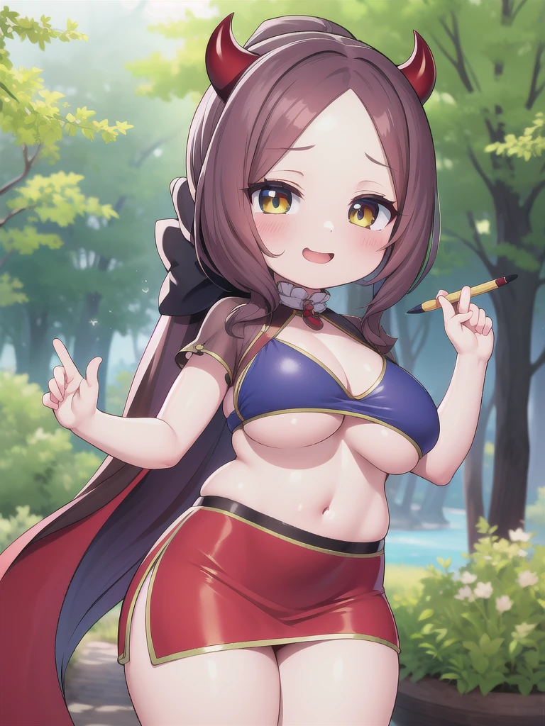  masterpiece,  better quality ,  high resolution, (( Waifu thin and thick :1.3)), large breasts, Elf, yellow eyes, short blue hair in a high ponytail, (crop top underboobs;1,8), (pencil tight skirt red:1,8) , jewelry, Cowboy shot , red maple tree, automne, happy, sunlight, (demon horns:1,7), (demon tail:1,2), slim girl, Front view, collier, jewelry rouge précieux, river background , leonardo da vinci rider, loli body, huge tits, okita souji