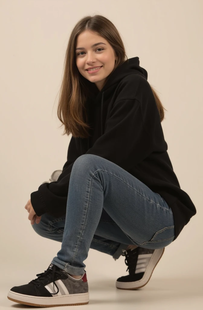a beautiful 27 year old European girl with long brunette straight hair, wearing a baggy hoody, jeans, and sneakers, smiling solo, (best quality,4k,8k,highres,masterpiece:1.2),ultra-detailed,(realistic,photorealistic,photo-realistic:1.37),female portrait,intricate details,natural lighting,cinematic,warm color palette, crouching 