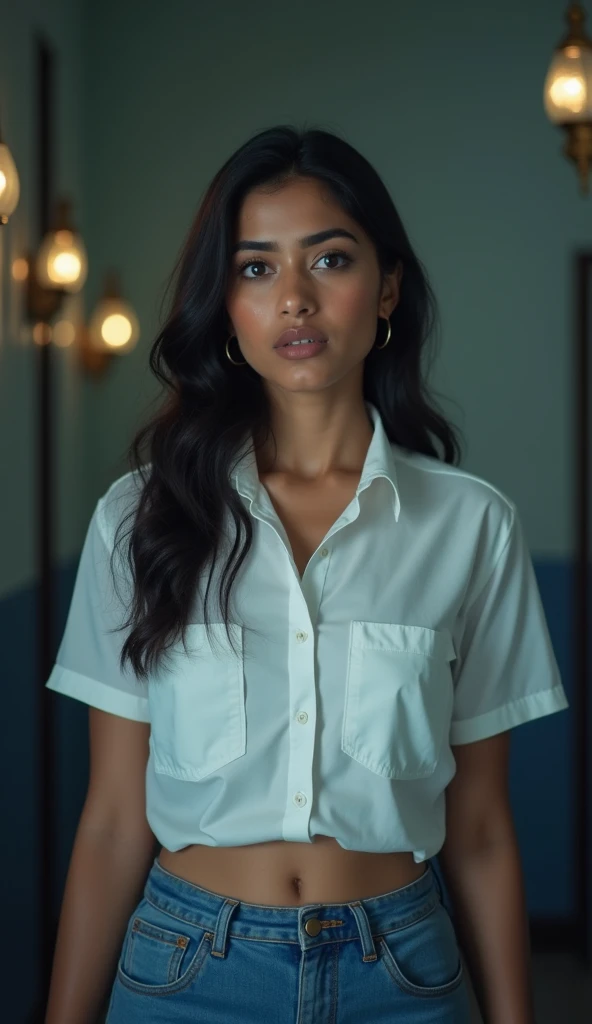 arafed image of a woman in a uniform with a brown background, indian girl with brown skin, tanned skintone, her skin is light brown, ( ( brown skin ) ), jayison devadas, edited, ( brown skin ), without duplicate image, leaked image, dark complexion, actress, 1 female, indian super model, ps