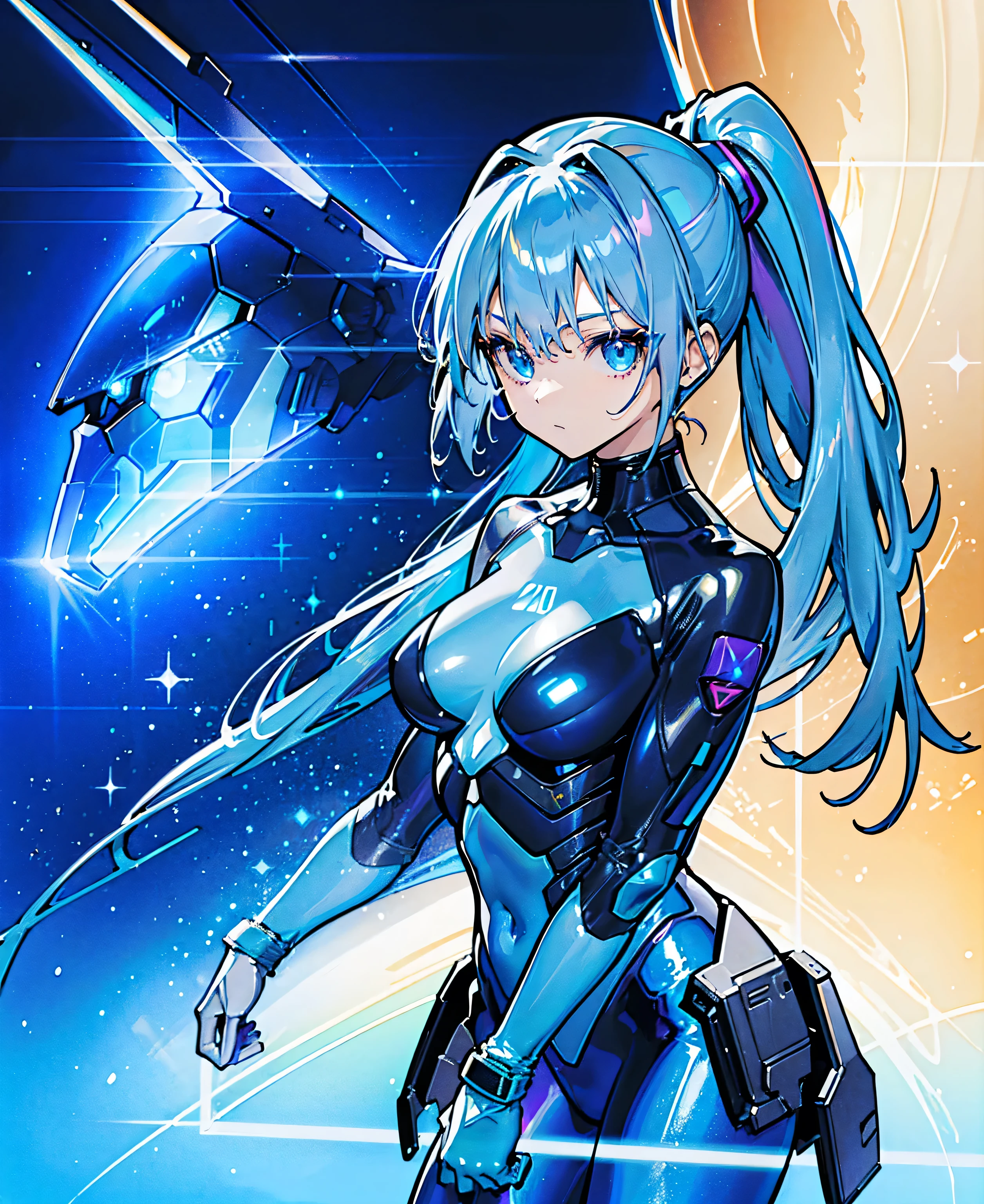 ((Holographic glow effect))、Blue Hair、Masterpiece、 Best Quality、1 person、Medium breast、(( album cover ))、 light on face、 slim body、Blue Costume、Exoskeleton、Metal Gear、 cyberpunk style、 ponytail、Gundam Pilot、attention arousal，Ride a fighter jet 