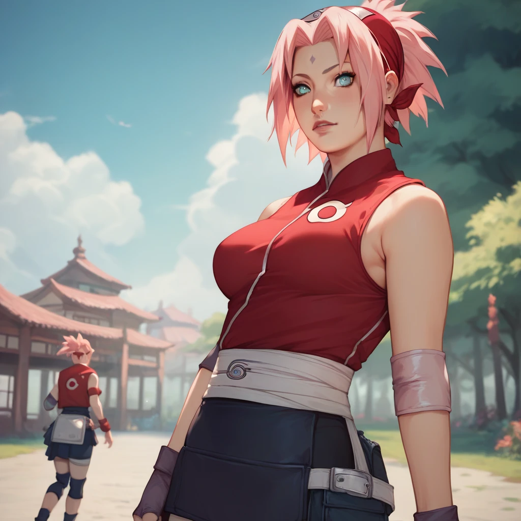 Sakura Haruno from  (Naruto)  a girl,   short pink hair with a bandana over her hair,  sleeveless red shirt bare arms , pink elbow pads ,  wears tight black leggings ,  medium growing breasts High resolution ,  masterpiece, necessary, Detail, quality,  ojos verdes