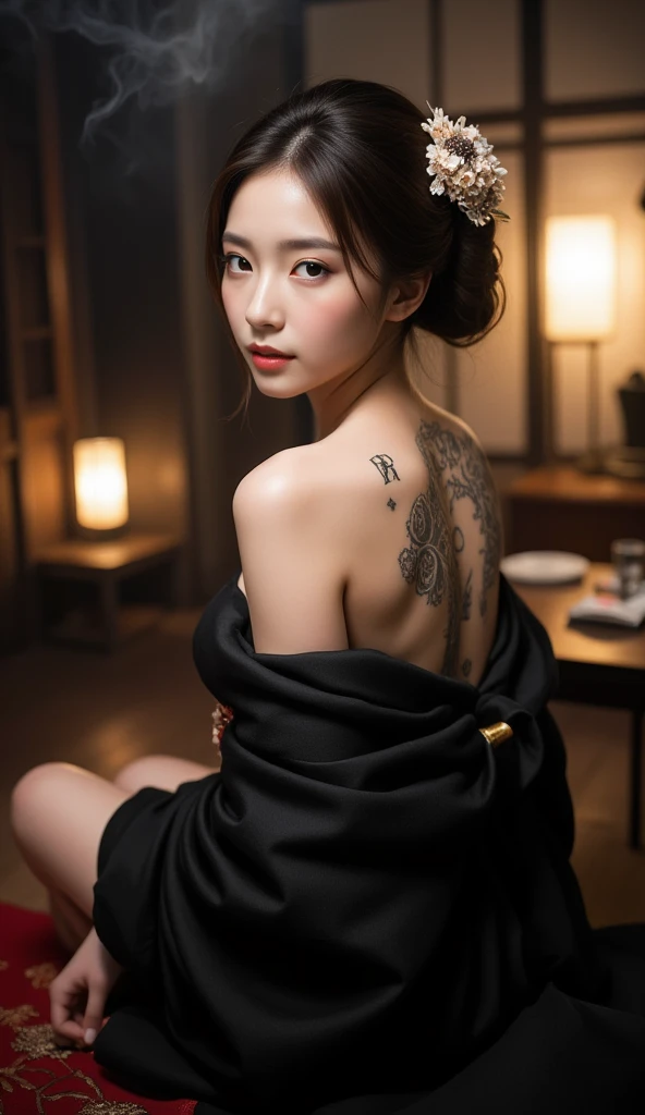 (masterpiece), best quality, expressive eyes, perfect face, HD, Benisato, kunoichi, snakes tattooed, She is a tall and matured woman with a slender curvaceous build with long legs and arms, Although a ninja herself, Benisato has the appearance of a beautiful and seductive geisha, She has porcelain skin and long dark hair tied back in a coif with a hairpin and traditional comb, Benisato is covered in serpent tattoos that come alive when she uses her powers and will usually appear naked during a battle to throw off her male victims, She wears traditional Japanese geisha robes, full body, pants, long sleeves, vest, sandals, kimono, Hongli, snakes supranatural 