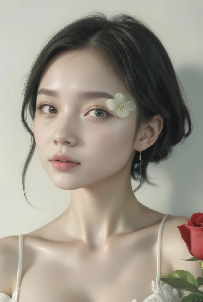  1 girl, Alone,  short hair,  simple background,  brown hair,  black hair,  jewelry, clavicle, fwhite lower, (片目の前に置かれたWhite Flower), earrings for a woman alone,  open lips, artist name,  necklace , lips,  eyelash , compensate,  Rose, watermark, White background, lipstick,  portrait,  to Viewers ,  white blouse , White Flower, White Theme, Holding flowers, Red lips, white  Rose