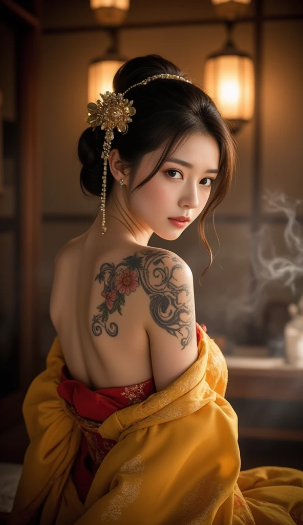  Quiet Japanese Geisha     、   Fancy hair accessories 、  She sits gracefully in a traditional tea room   ,    The golden kimono is wrapped around her shoulders and back  、  is hung in a kimono to show the tattoo on the back .,     Her captivating tattoos are painted all over her back  。Detailed and clear     ,  A cute image character for the investment community called affluence 、Beauty contrasts     ,      Her kimono has a decorative pattern    .      Thin Streaks of Smoke Rising from Warmth     ,     A room illuminated by lantern light     ,       Building an Intimate Relationship      ,       quiet atmosphere.     Her expression is calm and calm   ,      She Exudes Elegance and Serenity    . A soft light surrounds her,     highlight elaborate tattoos and delicate features    ,          Elegant Appearance        . Realistic,      Movie Light     ,       high detail,       traditional japanese aesthetics