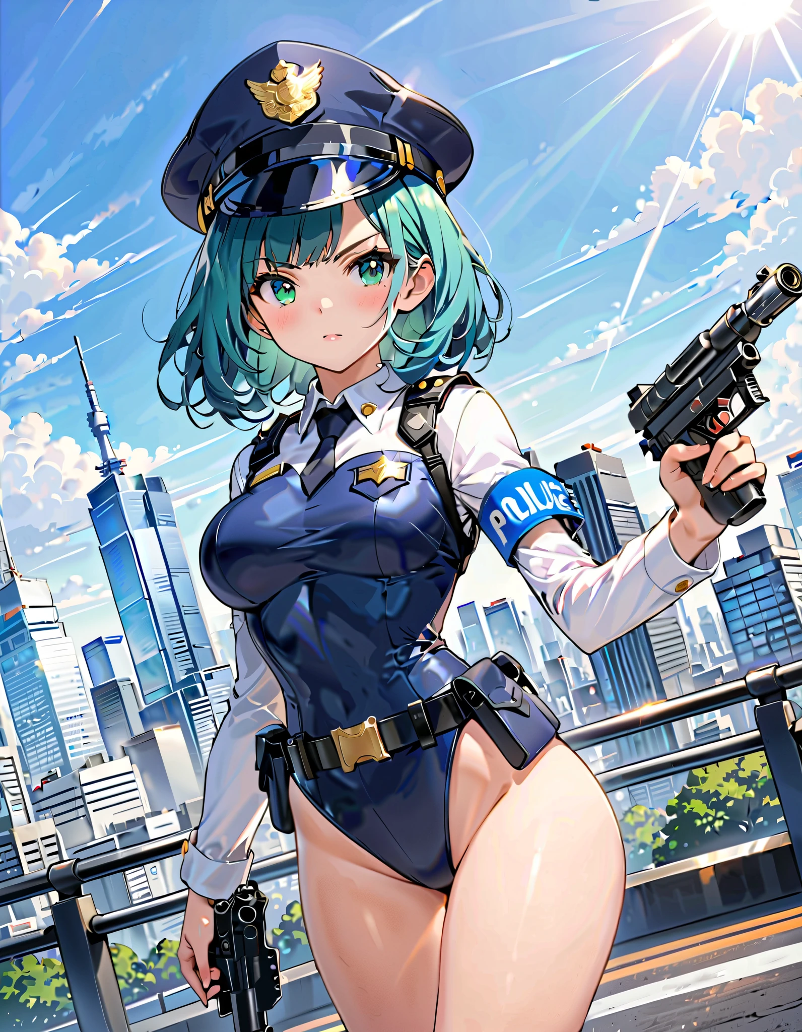 (masterpiece), (best quality), (high res),1girl, tall body, teal hair, medium hair, long bangs, green eyes, beautiful detailed eyes, beautiful detailed face, cute face, perfect hands, complete fingers, perfect anatomy, perfect proportions, ((hat, dark blue police hat)), ((leotard, matching leotard, bare legs)), ((boots, matching boots)), breasts, medium breasts, fingerless gloves, (full body portrait), solo, solo focus, dynamic flying pose, serious expression, looking away, police uniform, tokyo skyline backdrop, outdoors, daytime (high waisted belt, tight belt), (armbands, long white sleeves), using a Blastech DL-44 Heavy Blaster Pistol, full body costume design, dutch angle, sfw