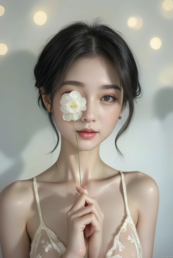  1 girl, Alone,  short hair,  simple background,  brown hair,  black hair, holding,  jewelry, clavicle,  eyes closed , fwhite lower, 片目の前に置かれたWhite Flower, earrings for a woman alone,  open lips, artist name,  necklace , lips,  eyelash , compensate,  Rose, watermark, White background, lipstick,  portrait,  to Viewers ,  white blouse , White Flower, White Theme, Holding flowers, Red lips, white  Rose
