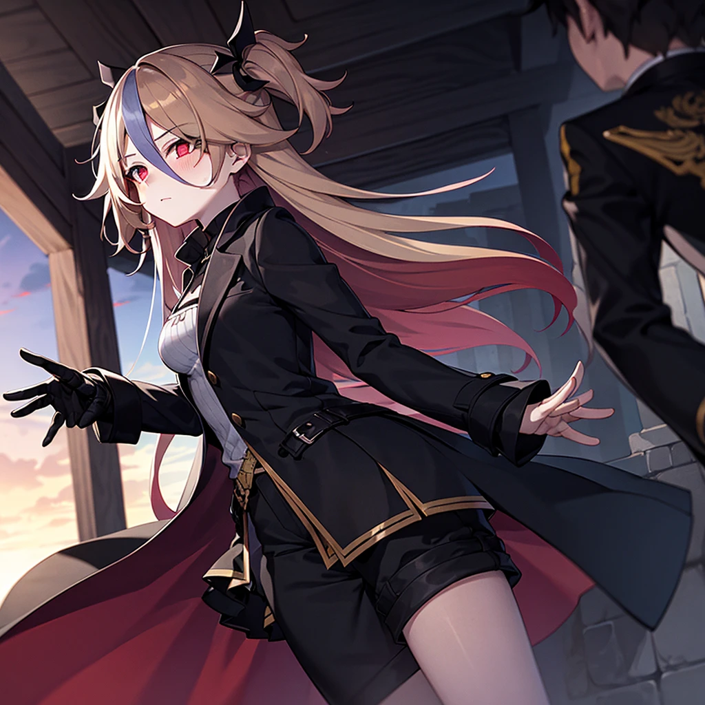 1girl, ashen_blond_hair, long_hair, bangs, red_eyes, two_side_up, hair_over_one_eye, blush, medium_breasts, Black_trench_coat, gauntlets, Black_pantyhose, grey_shorts, pale skin,