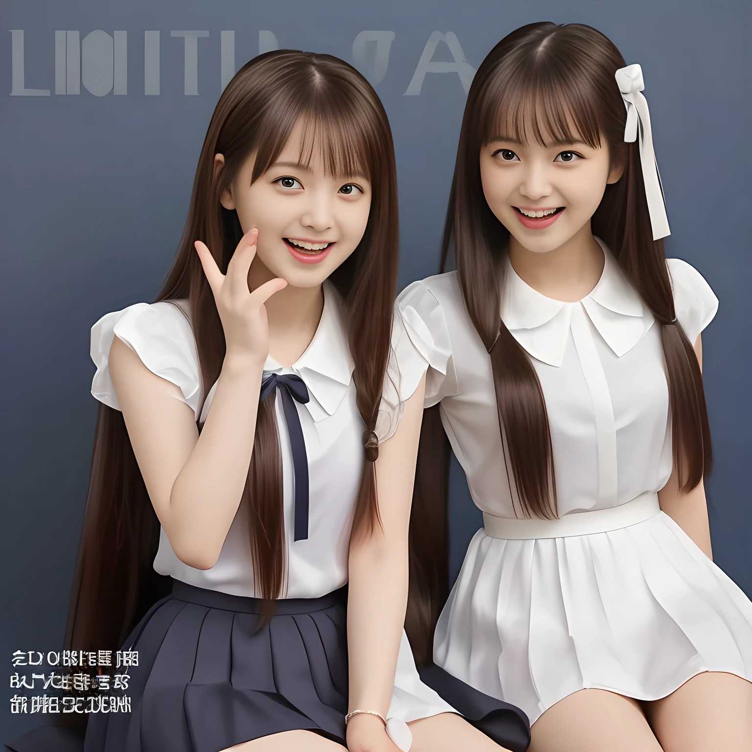 (Highest quality, masterpiece:1.2), Highest quality, High resolution, 1080P, 8k, height: 158cm, (Two **** Japanese beautiful girl idols are seated and giving strong subliminal sexual invitation and temptation, cute skirt with beautiful knees, looking at the viewer, can't stop showing cute smile open mouth because of feeling too funny about the viewer, very white-white face, very proud of her long straight black hair, using face-whitening cosmetics, **** girl's eyes, opened laughing giggling most open mouth, too expensive luxurious glossy too-much-girly erotic frilled ivory silk blouse, polyester dark-navy school-skirt and bewitching ribbon on the breast, well-straitened super-super-long well-trimmed long hair, evenly neatly trimmed girly cute bangs: 1.5), (white thighs and knees: 1.7), (Well-balanced, impressive, lovely, drooping, double-eyelids, black shining large prominent eyes of **** idol with detailed: 1.5), ((Beautiful well-figured glossy opened laughing lips: 1.2)), (mature breast), (The viewer can't stop madly kissing them because of her beauty and subliminal strong invitation), (Very beautiful, super-glossy, cute neat black amazingly long hair, straight well-done long hair-style: 1.3), (plain blue background: 1.6), (((Completely balanced beautiful big big eyes, looking at me))), (eyes, face and hair are especially beautifully detailed and beautifully drawn: 1.5),  (The soft white light clearly shows her face extremely white: 1.2), (Feel too luxurious and expensive), (School uniform, too-cute slender **** super-long-hair Japanese beautiful-young-girl idol twins are laughing and licking the other's hand each other with super-wide open open laughing mouth like eating the viewer, everything is girly, neat and too beautiful: 1.6), (Super long hair **** super-cute idol of pure-pure idol magazine's cover girl in 2003 in Japan: 2.1)