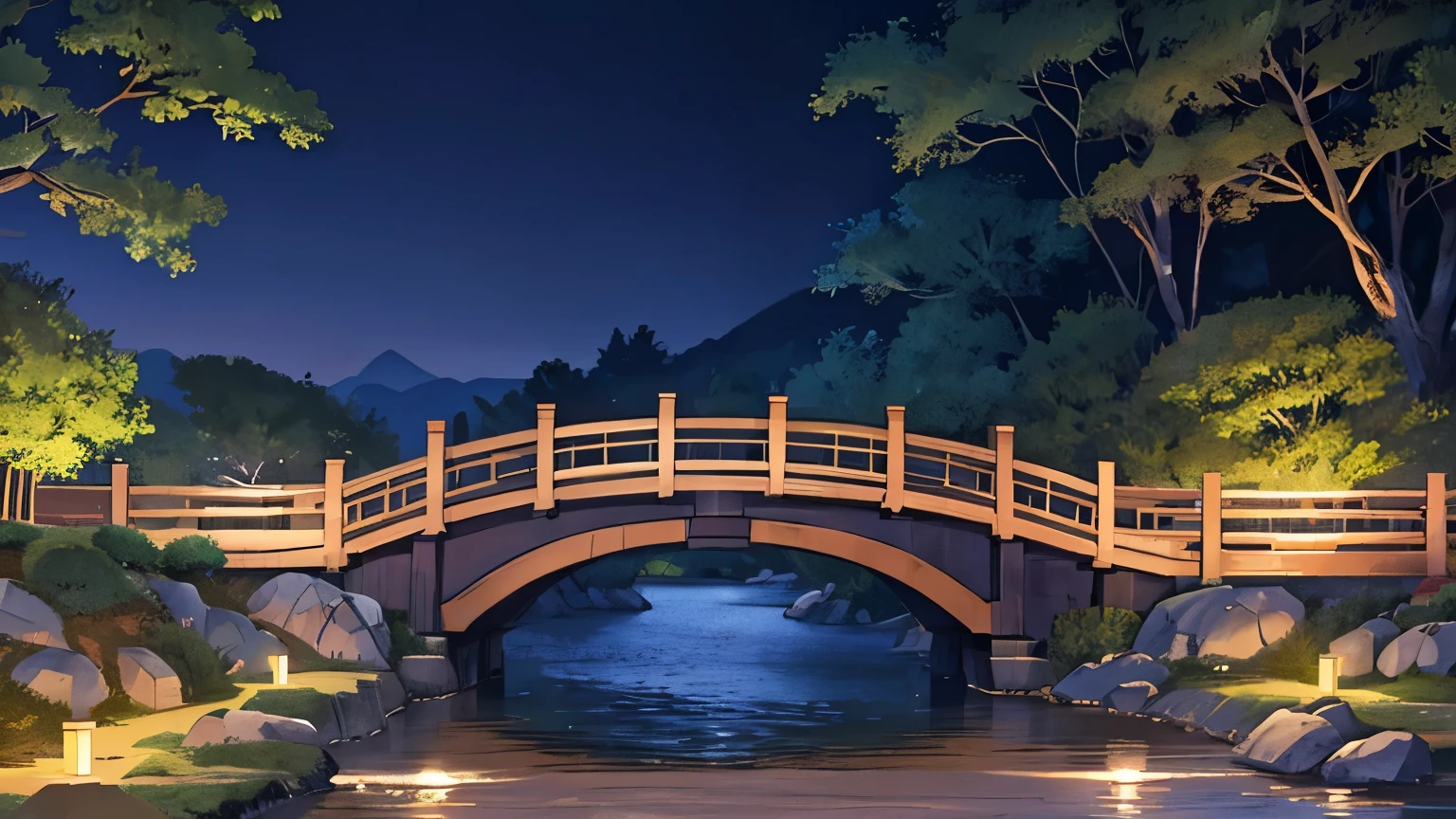 highest quality, high detailed, (background only), vector line, bridge over river, deep night, in the dark, no lights, traditional Japanese dry landscape garden, sand, rock, horizontal, from side