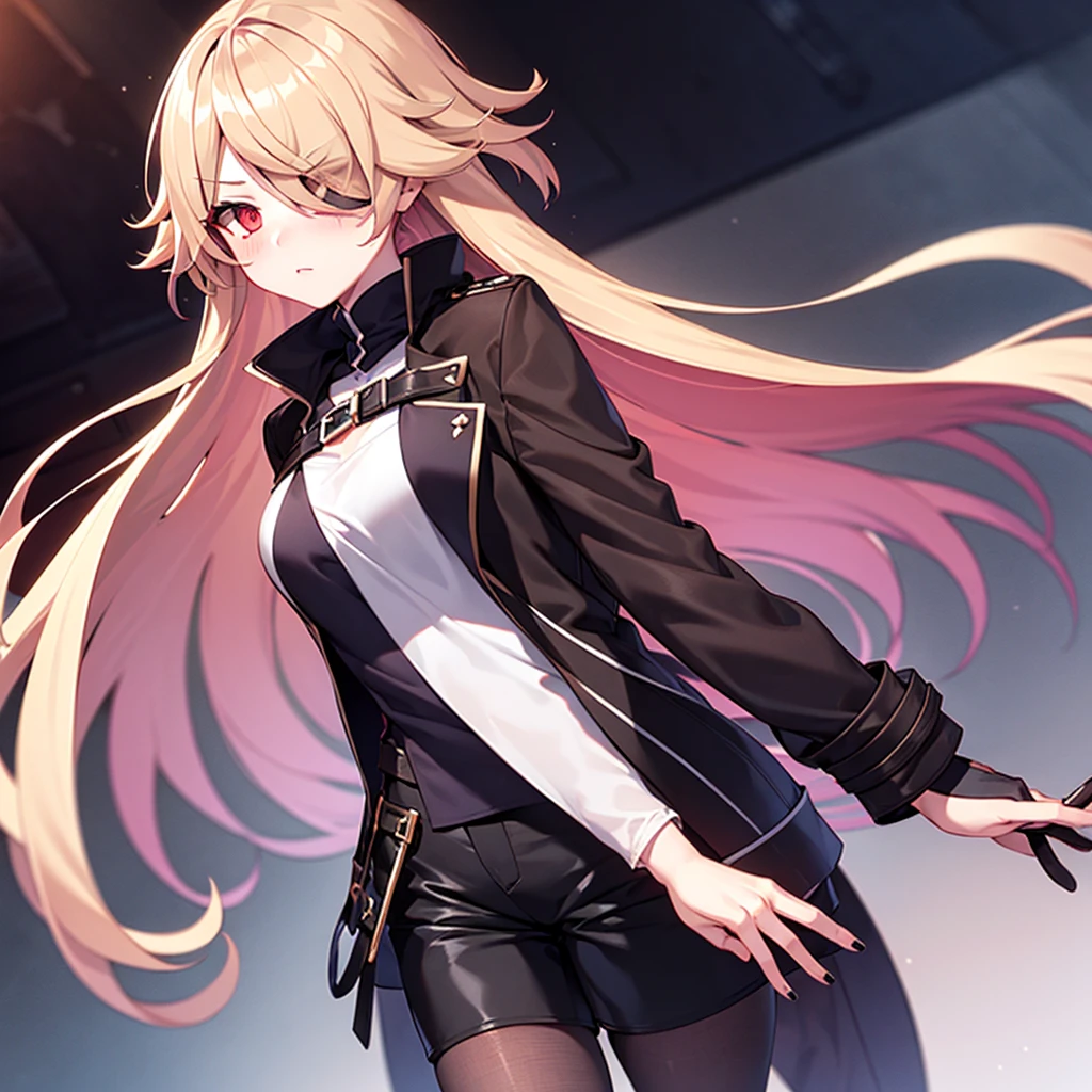 1girl, ashen_blond_hair, long_hair, bangs, red_eyes, two_side_up, hair_over_one_eye, blush, medium_breasts, Black_trench_coat, gauntlets, Black_pantyhose, grey_shorts, pale skin,