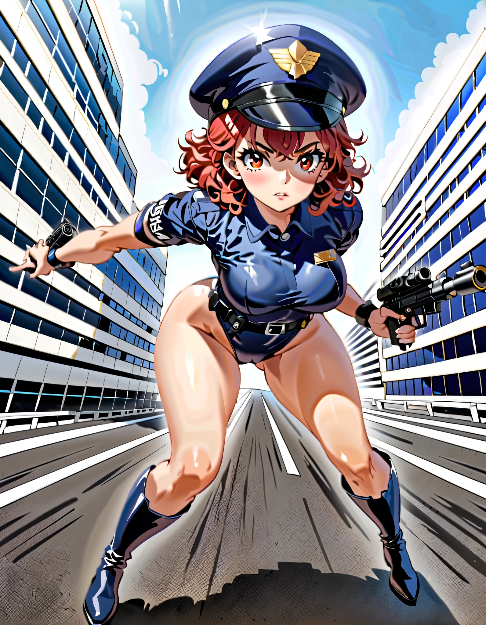 (masterpiece), (best quality), (high res),1girl, tall body, red hair, short hair, wavy hair, amber eyes, beautiful detailed eyes, beautiful detailed face, cute face, perfect hands, complete fingers, perfect anatomy, perfect proportions, ((hat, dark blue police hat)), ((leotard, matching leotard, bare legs)), ((boots, knee boots, matching boots)), breasts, medium breasts, fingerless gloves, (full body portrait), solo, solo focus, dynamic running pose, (dodging gunfire:1.2), speed lines, super speed, serious expression, looking away, police uniform, tokyo street backdrop, outdoors, daytime (high waisted belt, tight belt), (armbands, long white sleeves), (using a pistol, Blastech DL-44 Heavy Blaster Pistol), full body costume design, dutch angle, sfw