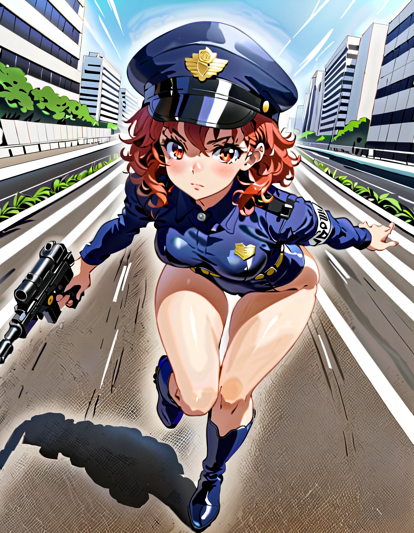 (masterpiece), (best quality), (high res),1girl, tall body, red hair, short hair, wavy hair, amber eyes, beautiful detailed eyes, beautiful detailed face, cute face, perfect hands, complete fingers, perfect anatomy, perfect proportions, ((hat, dark blue police hat)), ((leotard, matching leotard, bare legs)), ((boots, knee boots, matching boots)), breasts, medium breasts, fingerless gloves, (full body portrait), solo, solo focus, running, dynamic running pose, running at super speed, speed lines, speed force, serious expression, looking away, police uniform, tokyo street backdrop, outdoors, daytime (high waisted belt, tight belt), (armbands, long white sleeves), (using a pistol, Blastech DL-44 Heavy Blaster Pistol), full body costume design, dutch angle, sfw