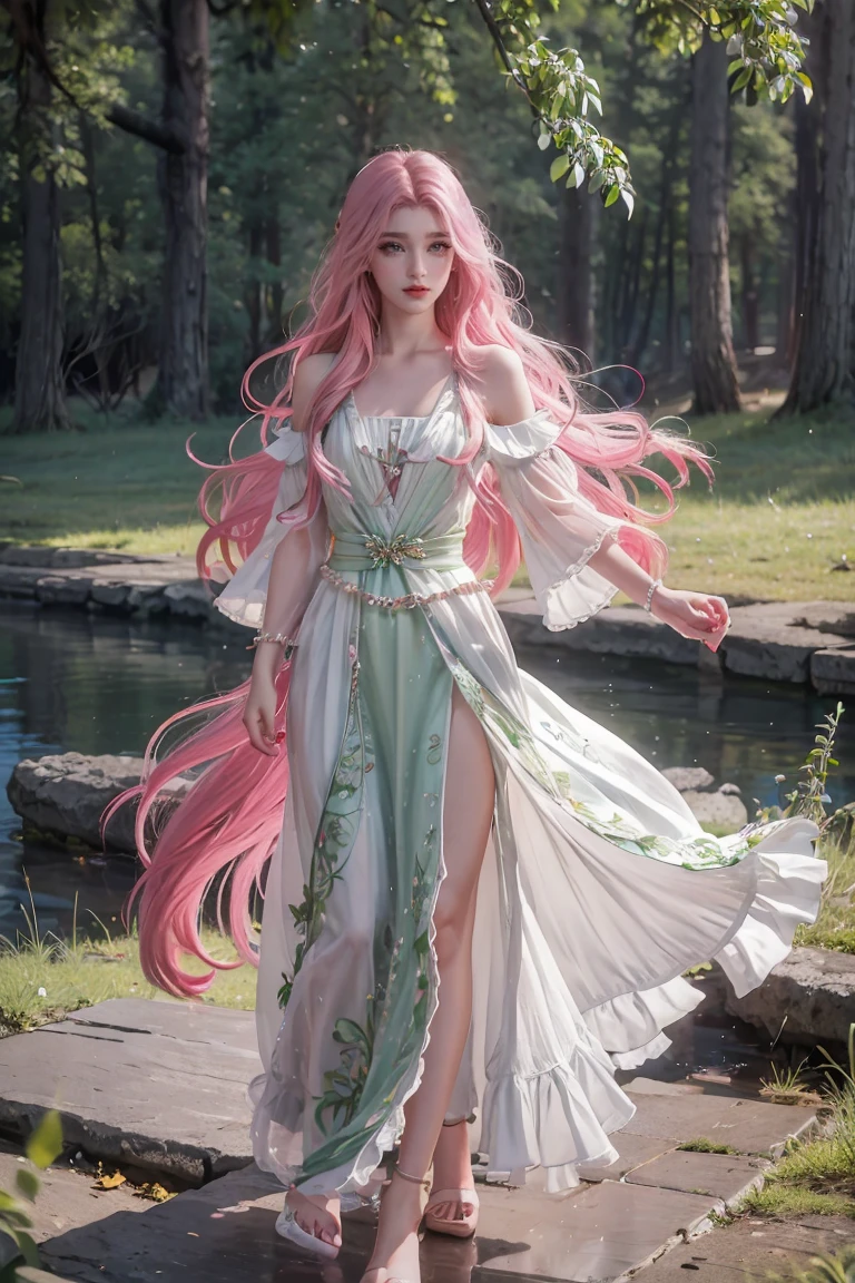 a woman with long flowing pink hair, beautiful detailed eyes, beautiful detailed lips, beautiful detailed face, long eyelashes, serene expression, gazing at the horizon, vibrant green eyes, air of purity and tranquility, small smile, hair blowing in the wind, dark and light flowing clothing, cinematic lighting, highly detailed, photorealistic, masterpiece, 8k, hyper detailed, full body, dress dark