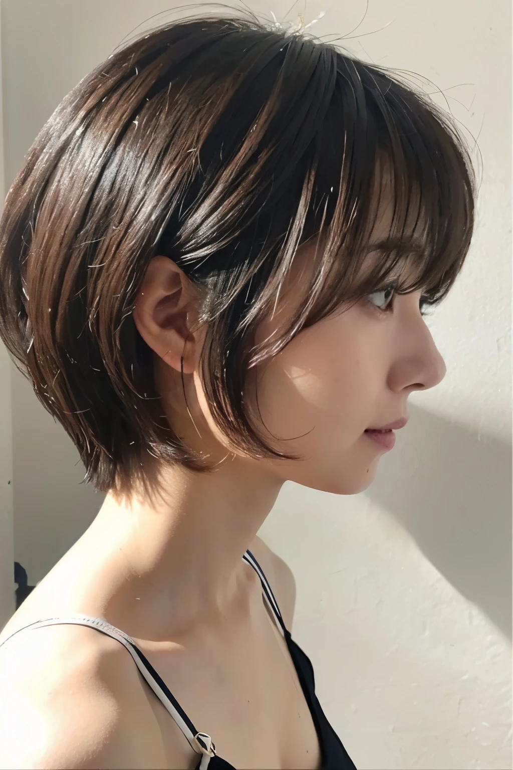 、woman、 profile、Short bob left cut、Japanese、Realistic、Immersed in light、 has a white background、indoor