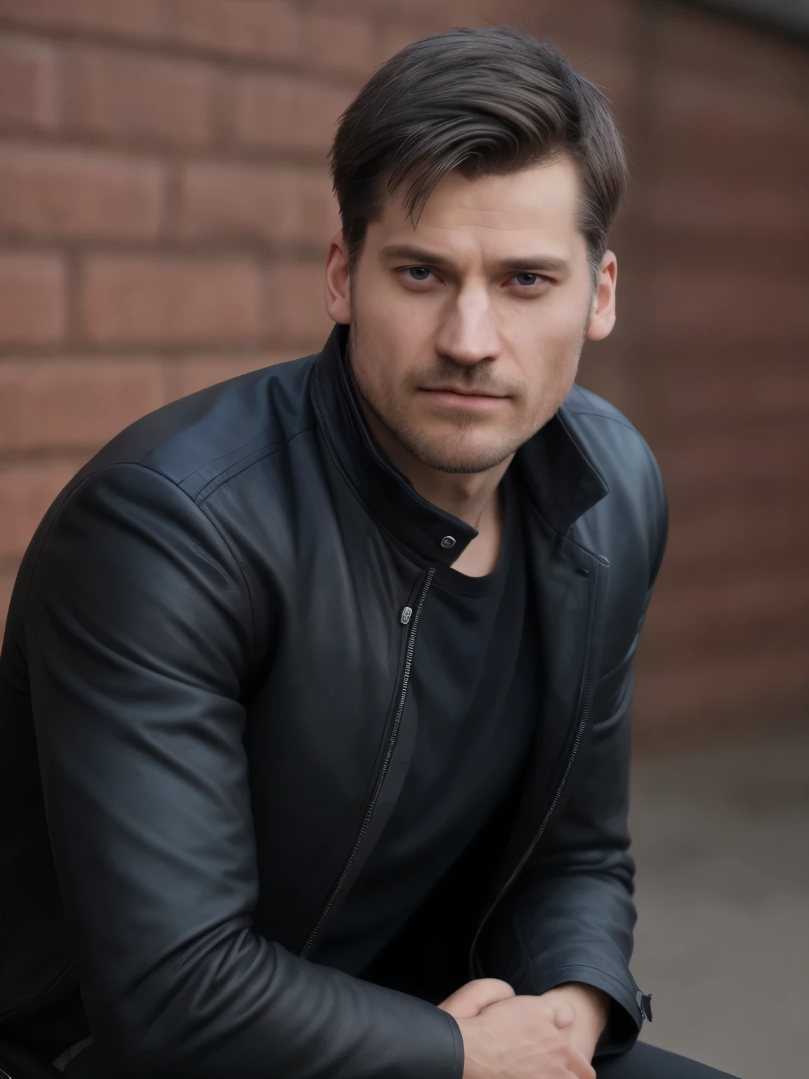 (face SteveR01) Handsome guy with black hair, detailed ultra-realistic rendering, blurred background, wearing a dark black leather jacket, gray t-shirt, with the whole body visible, thin hair, quiff hair, messy stylish hair, beard to be shaved, man standing seen from the front, tall and strong man. wide chin and defined jaw. 30 year old man with serious expression.