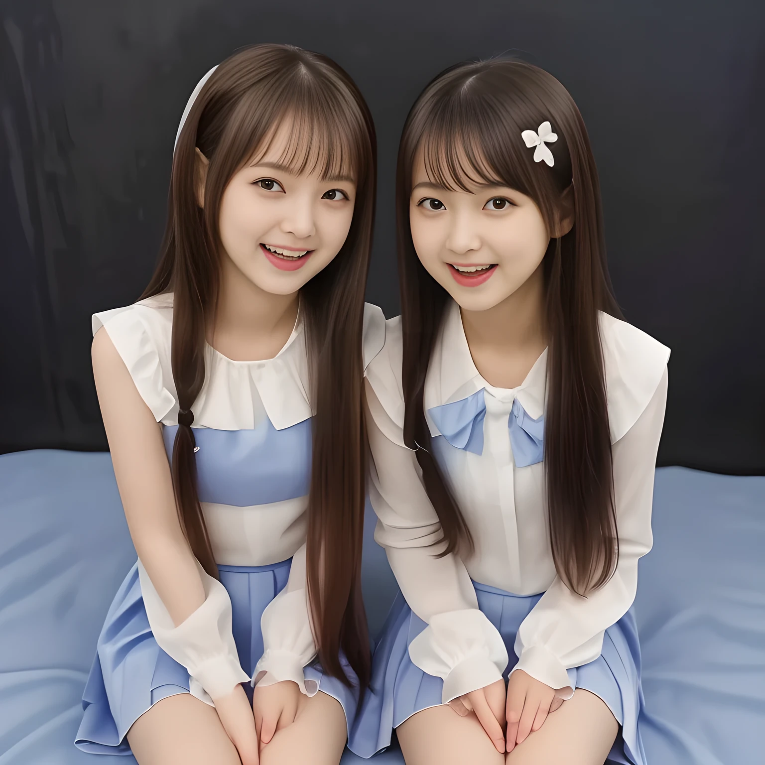 (Highest quality, masterpiece:1.2), Highest quality, High resolution, 1080P, 8k, height: 158cm, (Two yo Japanese beautiful girl idols are seated and giving strong subliminal sexual invitation and temptation, cute skirt with beautiful knees, looking at the viewer, can't stop showing cute smile open mouth because of feeling too funny about the viewer, very white-white face, very proud of her long straight black hair, using face-whitening cosmetics, 14 girl's eyes, opened laughing giggling most open mouth, too expensive luxurious glossy too-much-girly erotic frilled ivory silk blouse, polyester dark-navy school-skirt and bewitching ribbon on the breast, well-straitened super-super-long well-trimmed long hair, evenly neatly trimmed girly cute bangs: 1.5), (white thighs and knees: 1.7), (Well-balanced, impressive, lovely, drooping, double-eyelids, black shining large prominent eyes of 14yodol with detailed: 1.5), ((Beautiful well-figured glossy opened laughing lips: 1.2)), (mature breast), (The viewer can't stop madly kissing them because of her beauty and subliminal strong invitation), (Very beautiful, super-glossy, cute neat black amazingly long hair, straight well-done long hair-style: 1.3), (plain blue background: 1.6), (((Completely balanced beautiful big big eyes, looking at me))), (eyes, face and hair are especially beautifully detailed and beautifully drawn: 1.5),  (The soft white light clearly shows her face extremely white: 1.2), (Feel too luxurious and expensive), (School uniform, too-cute slender 14yo super-long-hair Japanese beautiful-young-girl idol twins are laughing and licking the other's hand each other with super-wide open open laughing mouth like eating the viewer, everything is girly, neat and too beautiful: 1.6), (Super long hair 14yo super-cute idol of pure-pure idol magazine's cover girl in 2003 in Japan: 2.1)