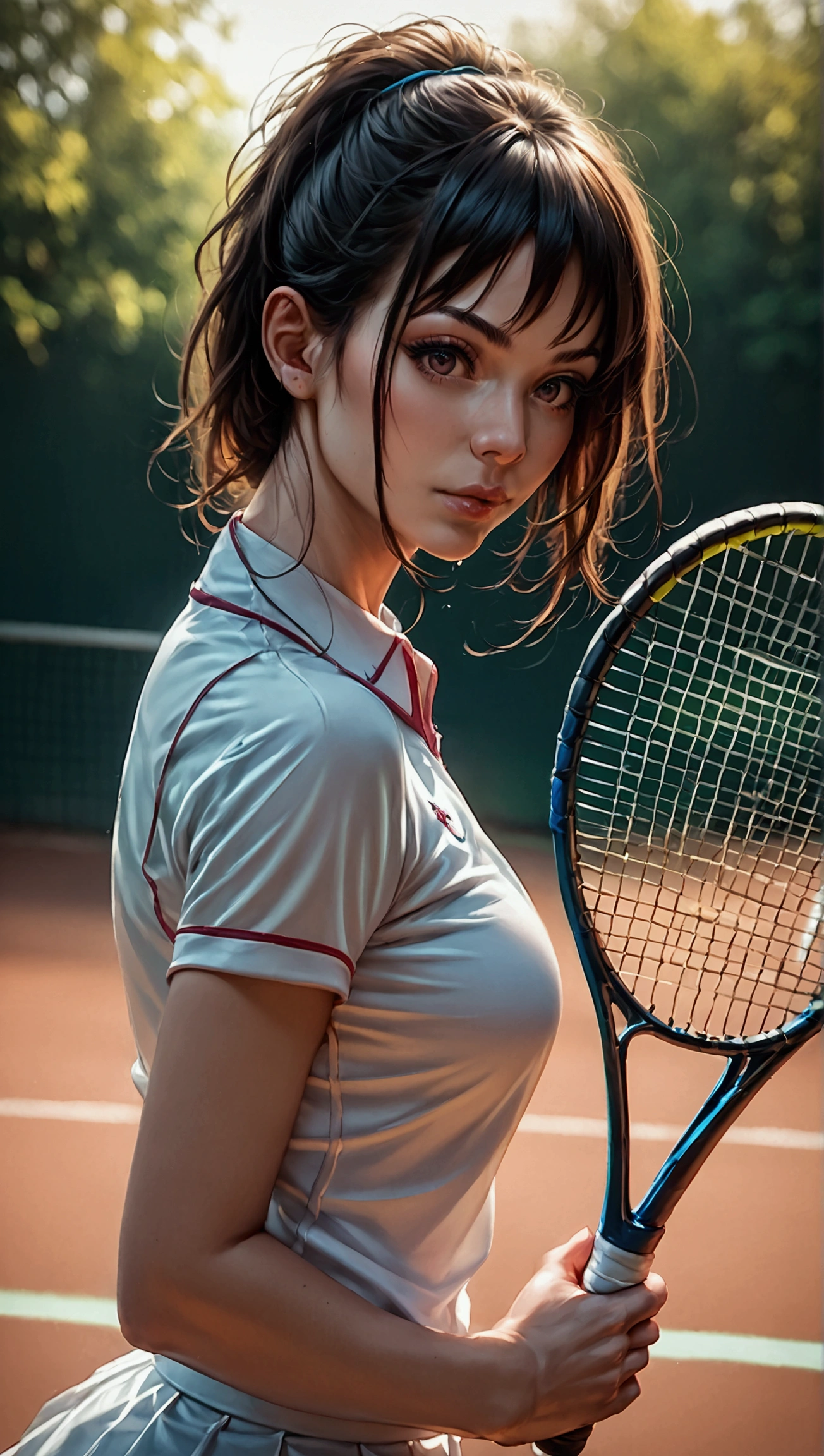 score_9, score_8_up, score_7_up, photo, photorealistic, woman in tennis uniform, outdoor, daylight, full body shot from below