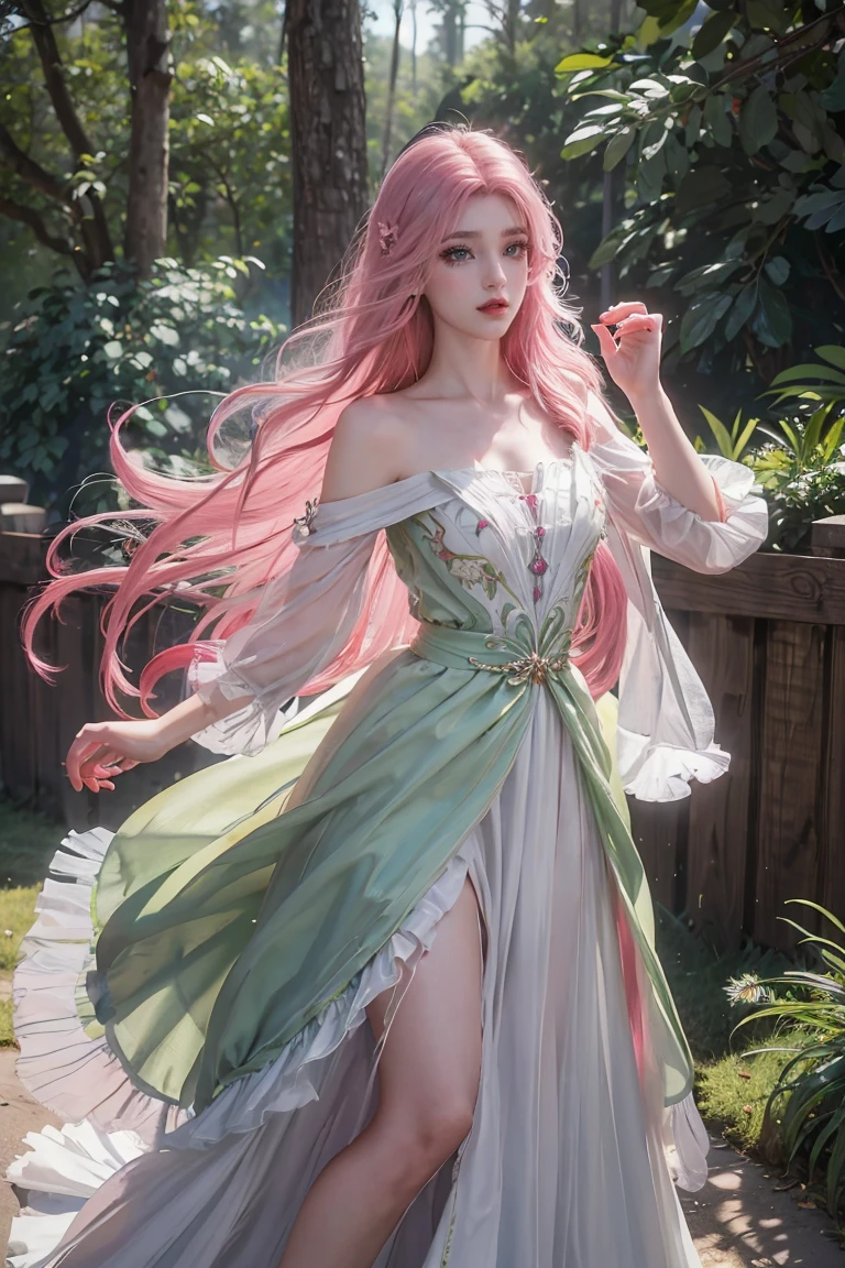 a woman with long flowing pink hair, beautiful detailed eyes, beautiful detailed lips, beautiful detailed face, long eyelashes, serene expression, gazing at the horizon, vibrant green eyes, air of purity and tranquility, small smile, hair blowing in the wind, dark and light flowing clothing, cinematic lighting, highly detailed, photorealistic, masterpiece, 8k, hyper detailed, full body, dress dark