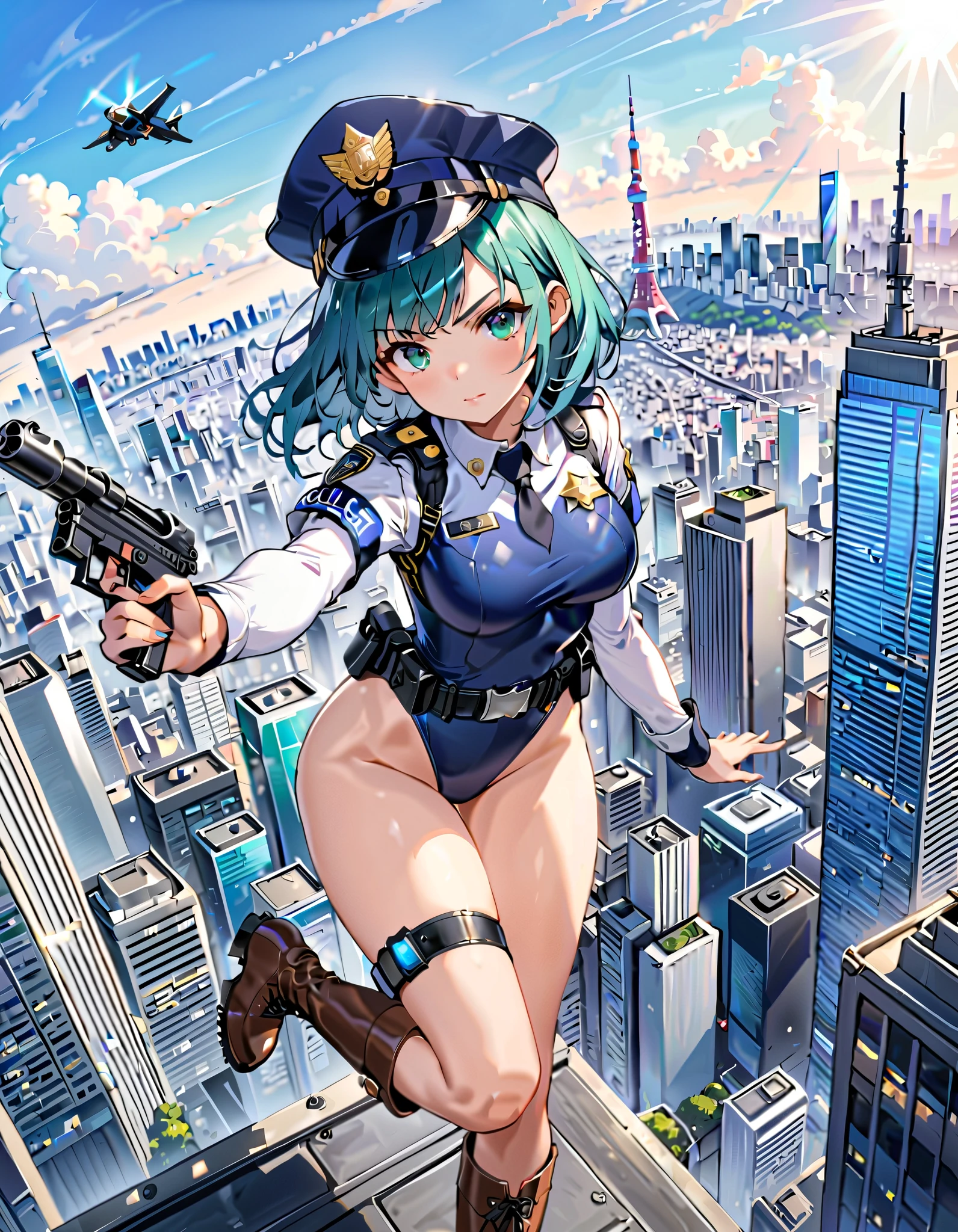 (masterpiece), (best quality), (high res),1girl, tall body, teal hair, medium hair, long bangs, green eyes, beautiful detailed eyes, beautiful detailed face, cute face, perfect hands, complete fingers, perfect anatomy, perfect proportions, ((hat, dark blue police hat)), ((leotard, matching leotard, bare legs)), ((boots, matching boots)), breasts, medium breasts, fingerless gloves, (full body portrait), solo, solo focus, dynamic flying pose, flying over city, serious expression, looking away, police uniform, tokyo skyline backdrop, outdoors, daytime (high waisted belt, tight belt), (armbands, long white sleeves), using a Blastech DL-44 Heavy Blaster Pistol, full body costume design, dutch angle, sfw