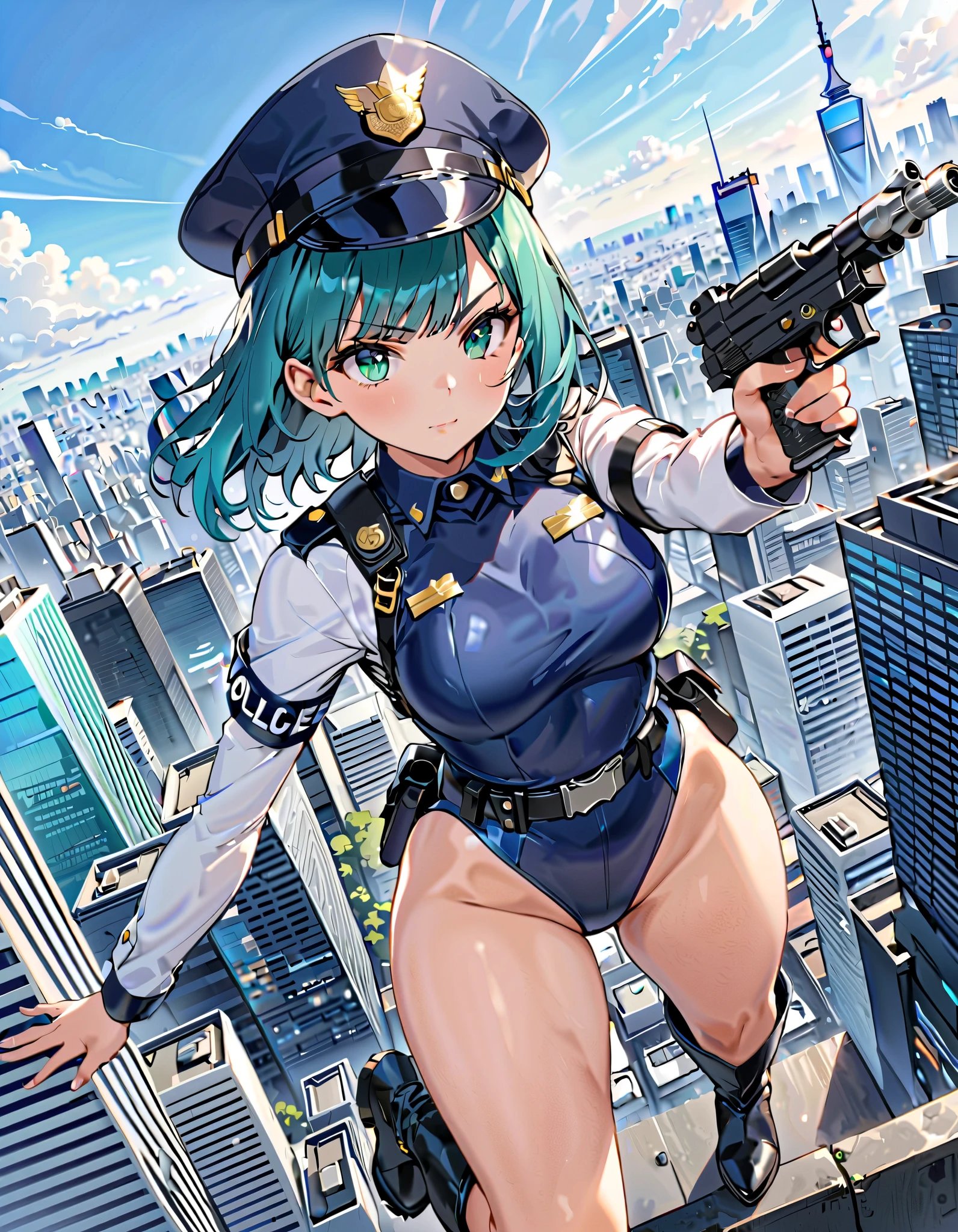 (masterpiece), (best quality), (high res),1girl, tall body, teal hair, medium hair, long bangs, green eyes, beautiful detailed eyes, beautiful detailed face, cute face, perfect hands, complete fingers, perfect anatomy, perfect proportions, ((hat, dark blue police hat)), ((leotard, matching leotard, bare legs)), ((boots, matching boots)), breasts, medium breasts, fingerless gloves, (full body portrait), solo, solo focus, dynamic flying pose, flying over city, serious expression, looking away, police uniform, tokyo skyline backdrop, outdoors, daytime (high waisted belt, tight belt), (armbands, long white sleeves), using a Blastech DL-44 Heavy Blaster Pistol, full body costume design, dutch angle, sfw