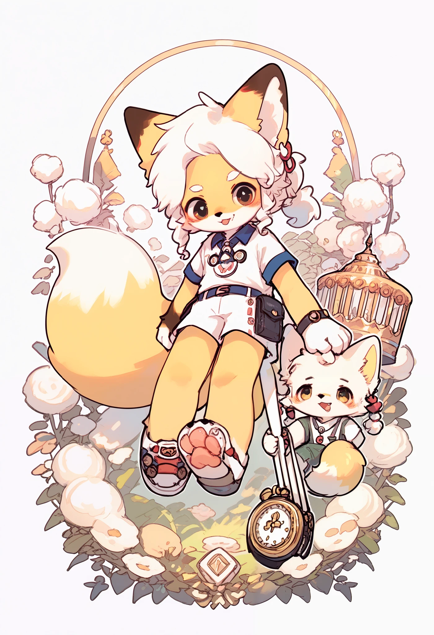 Fox Boy，furry boy， toddlers， white hair ，Yellow skin，White Arm，Short sleeve，Antique costume