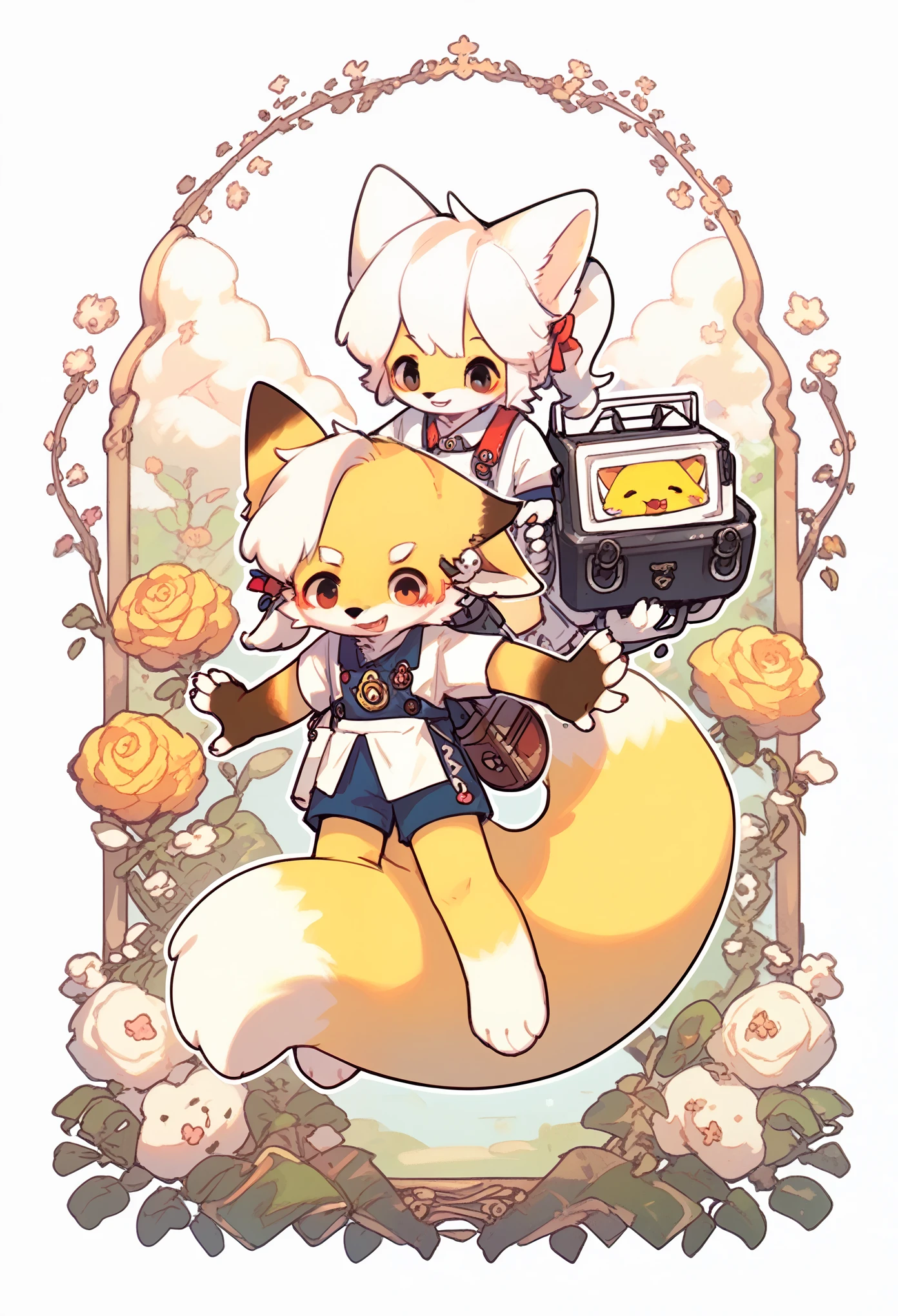 Fox Boy，furry boy， toddlers， white hair ，Yellow skin，White Arm，Short sleeve，Antique costume