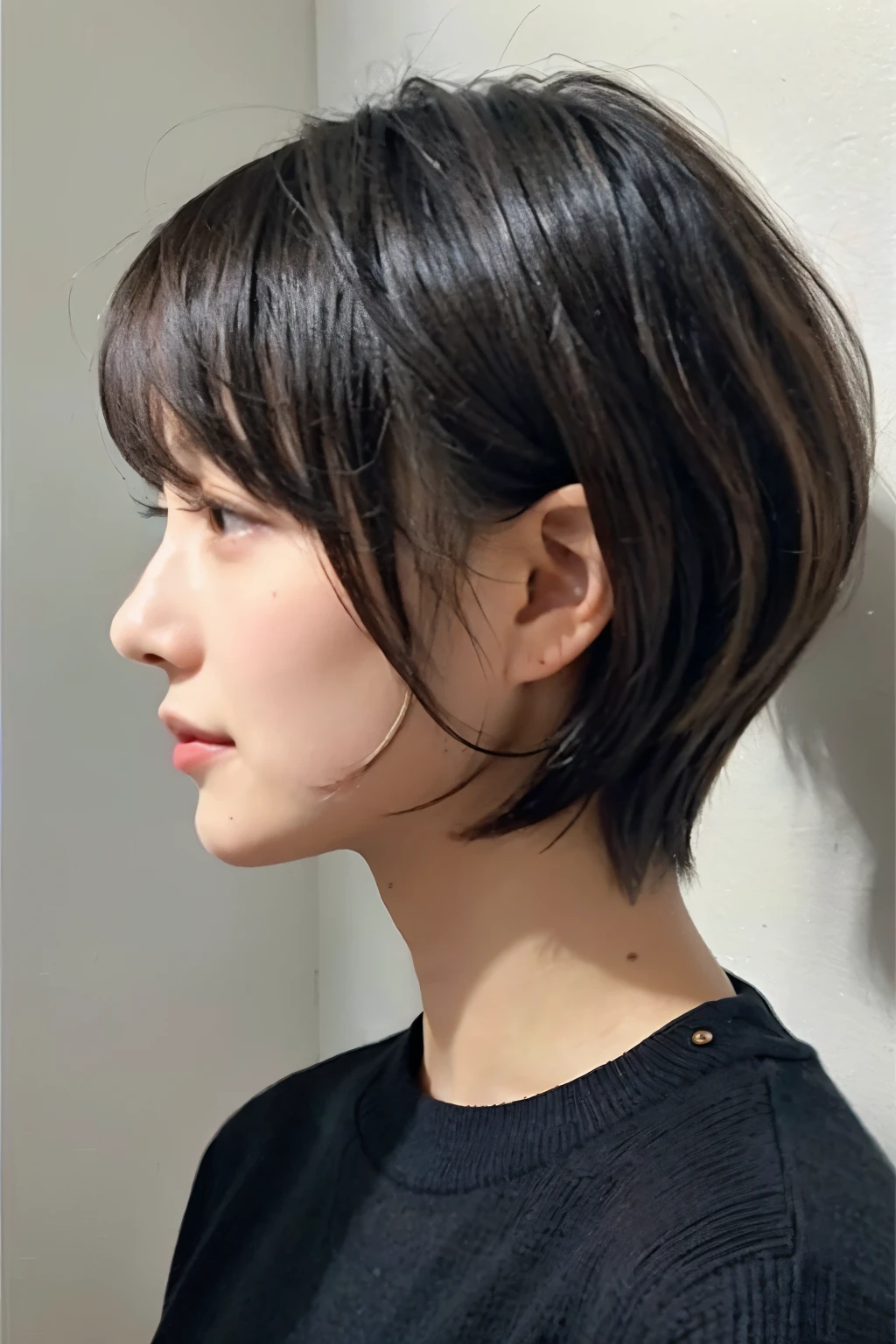 、woman、 profile、Short bob left cut、Japanese、Realistic、Immersed in light、 black sweater 、 has a white background、indoor