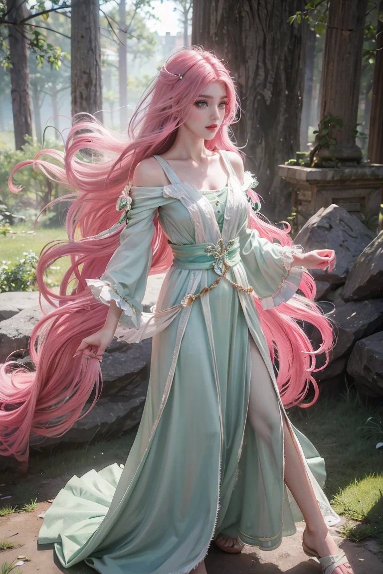 a woman with long flowing pink hair, beautiful detailed eyes, beautiful detailed lips, beautiful detailed face, long eyelashes, serene expression, gazing at the horizon, vibrant green eyes, air of purity and tranquility, small smile, hair blowing in the wind, dark and light flowing clothing, cinematic lighting, highly detailed, photorealistic, masterpiece, 8k, hyper detailed, full body, dress dark