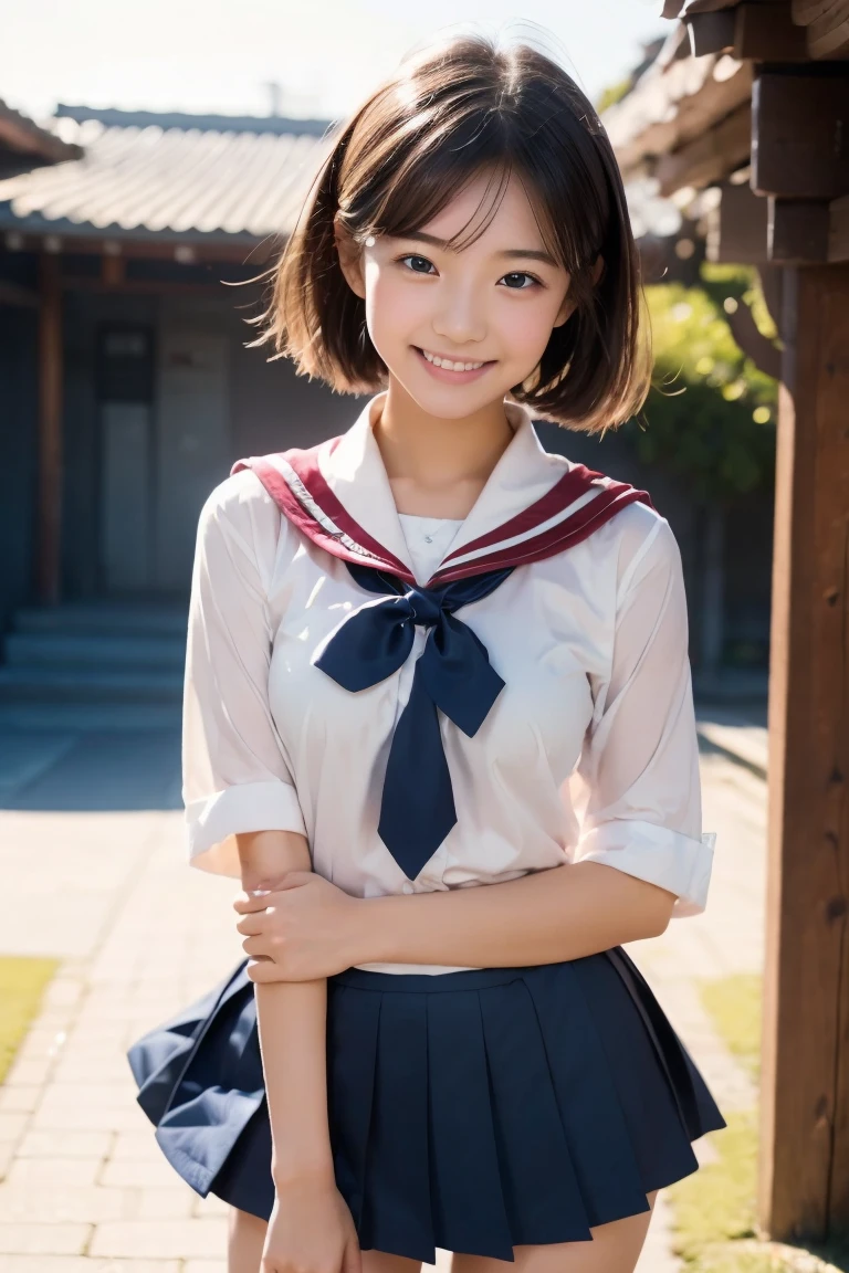 NSFW, plain light pink white background, , High school girl in white uniform,  navy blue pleated skirt, Vivid and cute, 　, ぱっつん前髪, Medium Hair、Shrine maiden, , , 、、 Japanese high school girl like the picture,　(fair-skinned female middle school student :1.1), , , , , , , ,, 8k, , Plain eyes、,, , realistic girl,  Beautiful Girl、kawaii middle school student、 studying, Brown Hair、 cheerleader、ribbon、, ｱｲﾄﾞﾙｽﾃｰｼﾞ, , , Smiling face, , (Squint your eyes:1.05), , , , Attention posture