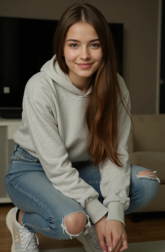 a beautiful 27 year old European girl with long brunette straight hair, wearing a baggy hoody, jeans, and sneakers, smiling solo, (best quality,4k,8k,highres,masterpiece:1.2),ultra-detailed,(realistic,photorealistic,photo-realistic:1.37),female portrait,intricate details,natural lighting,cinematic,warm color palette, crouching 